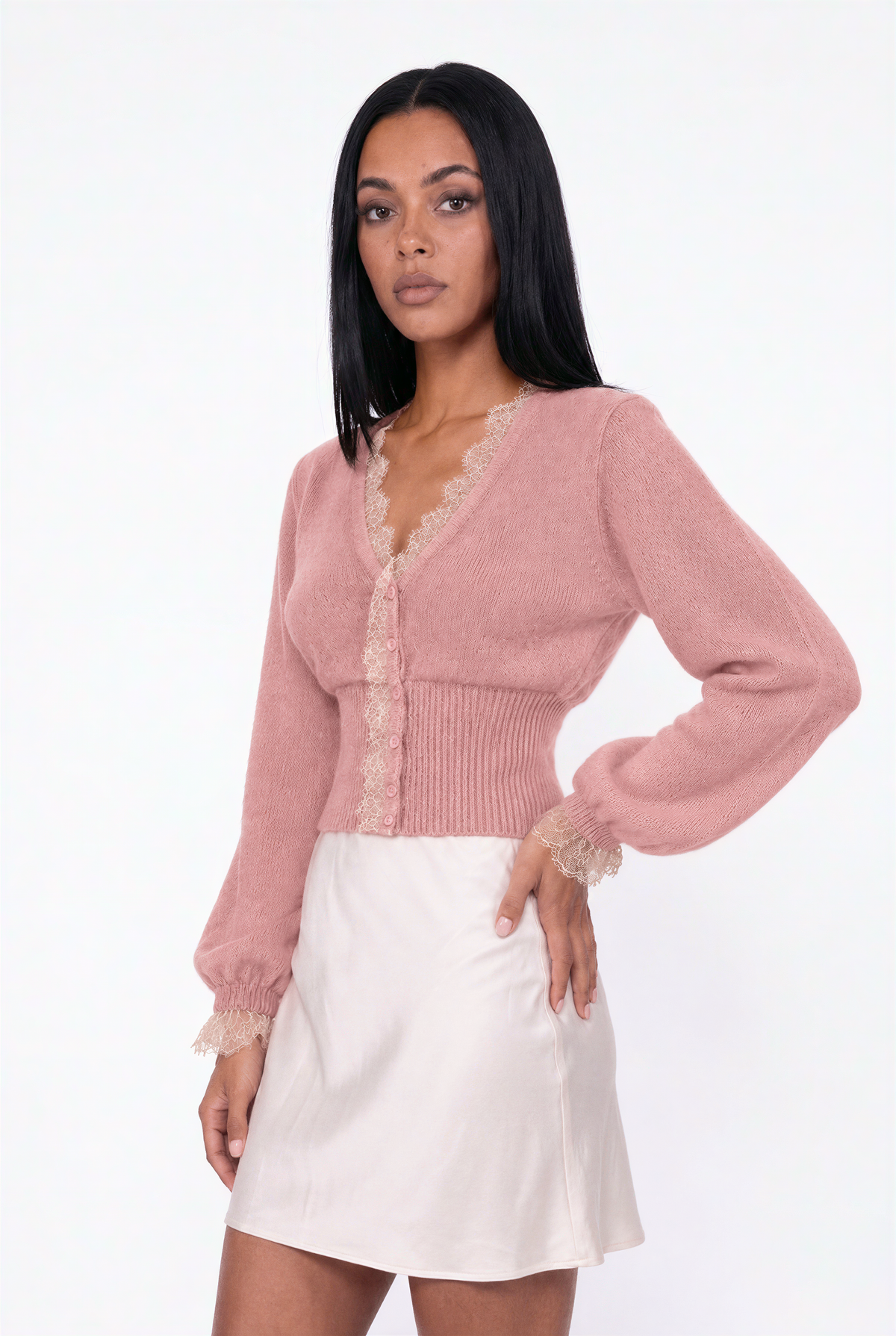 Pink Lace-Trimmed Fuzzy Knit Cardigan
