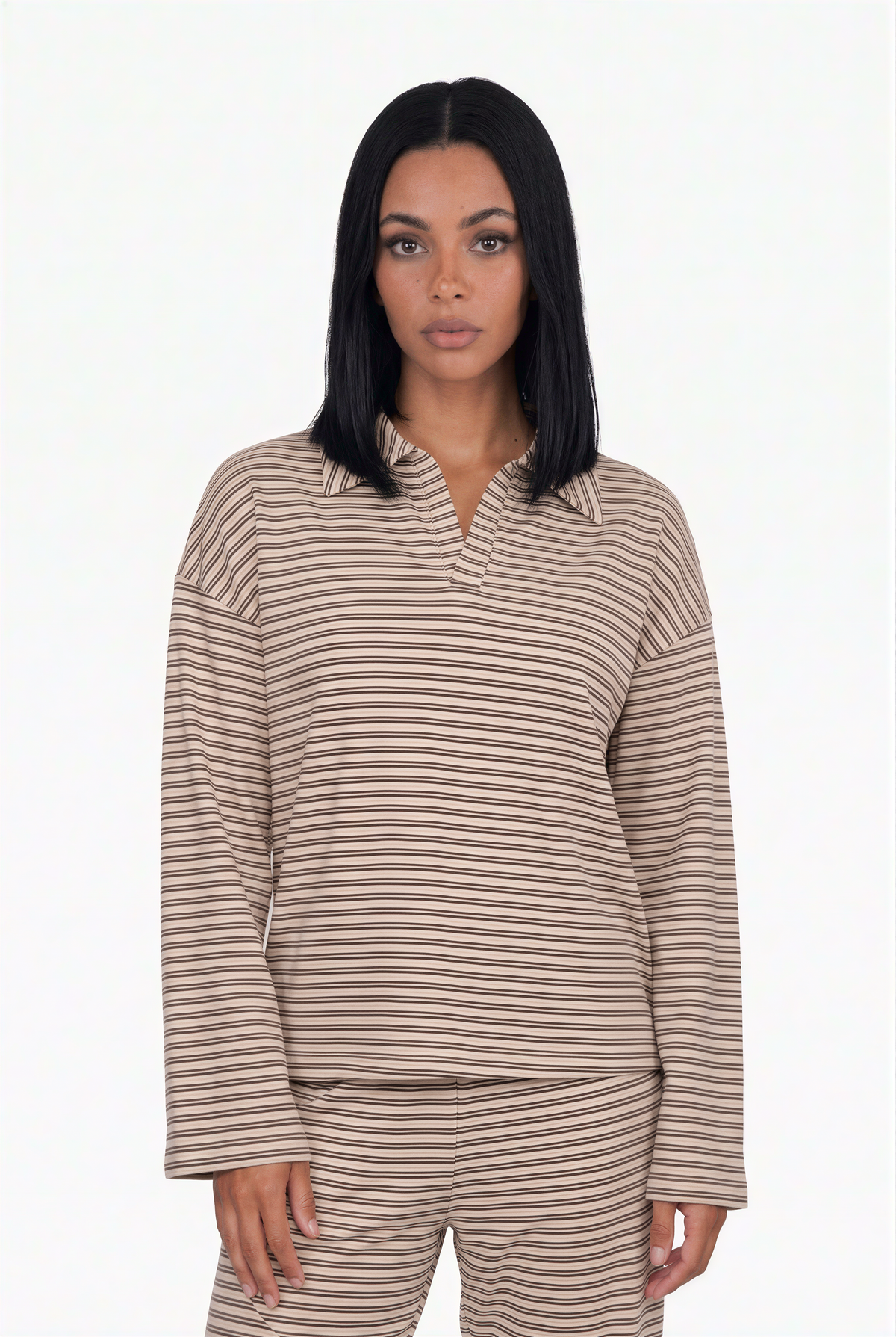 Striped Collared Long Sleeve and Wide Leg Pant Set