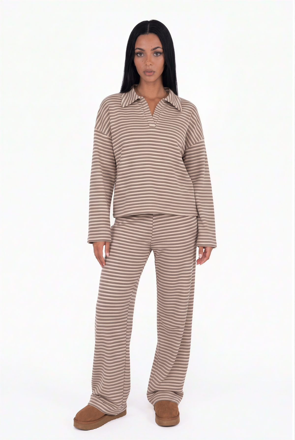 Striped Collared Long Sleeve and Wide Leg Pant Set