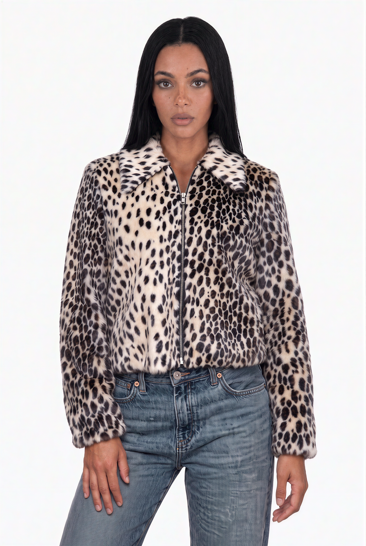 Faux Fur Leopard Print Zip-Up Jacket