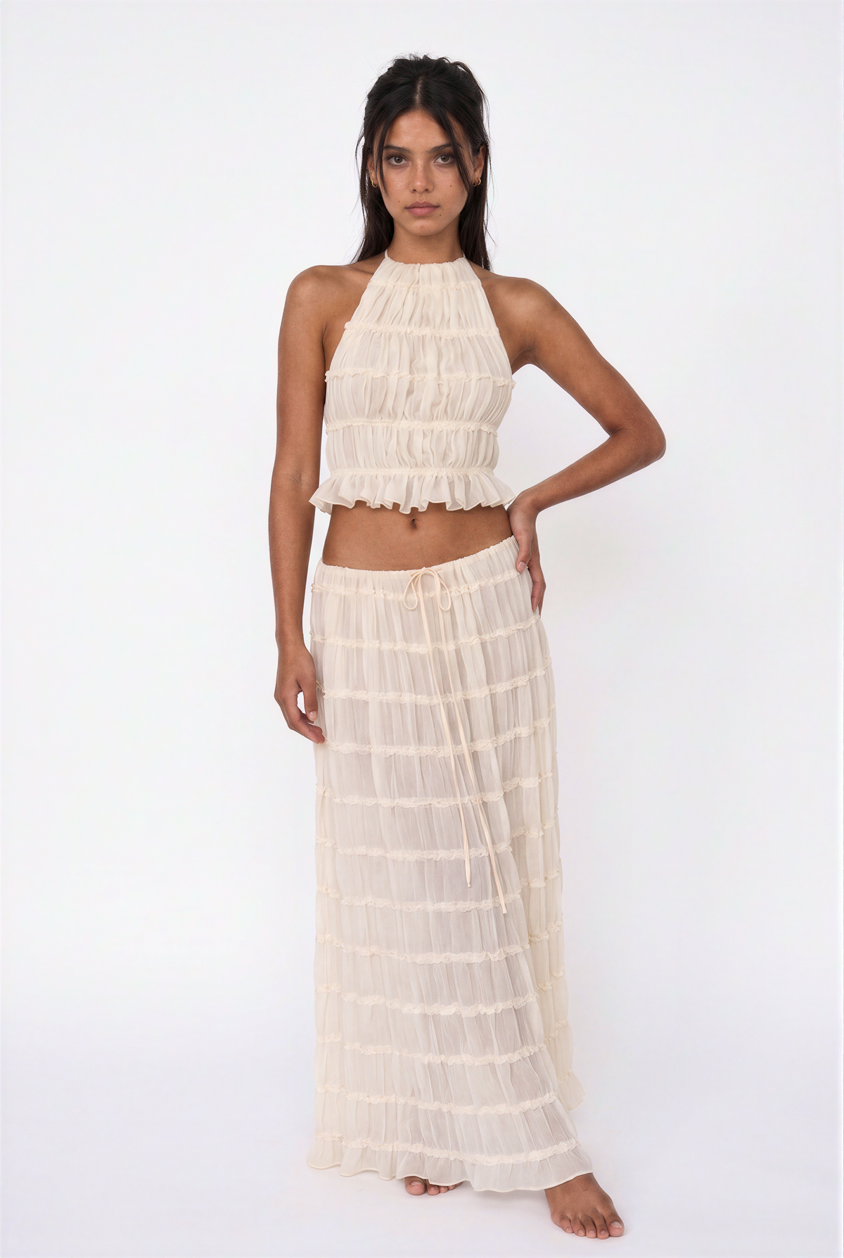 Cream Maxi Skirt & Top Set    HALTER NECK