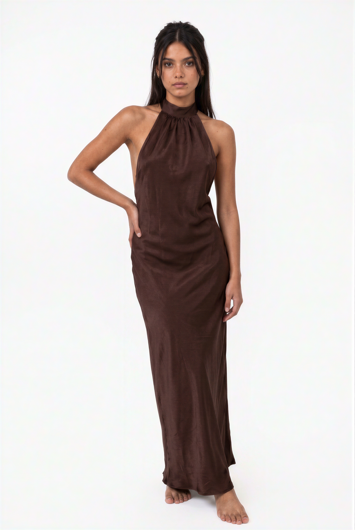 Chocolate Satin Halter Maxi Dress      REPEAT