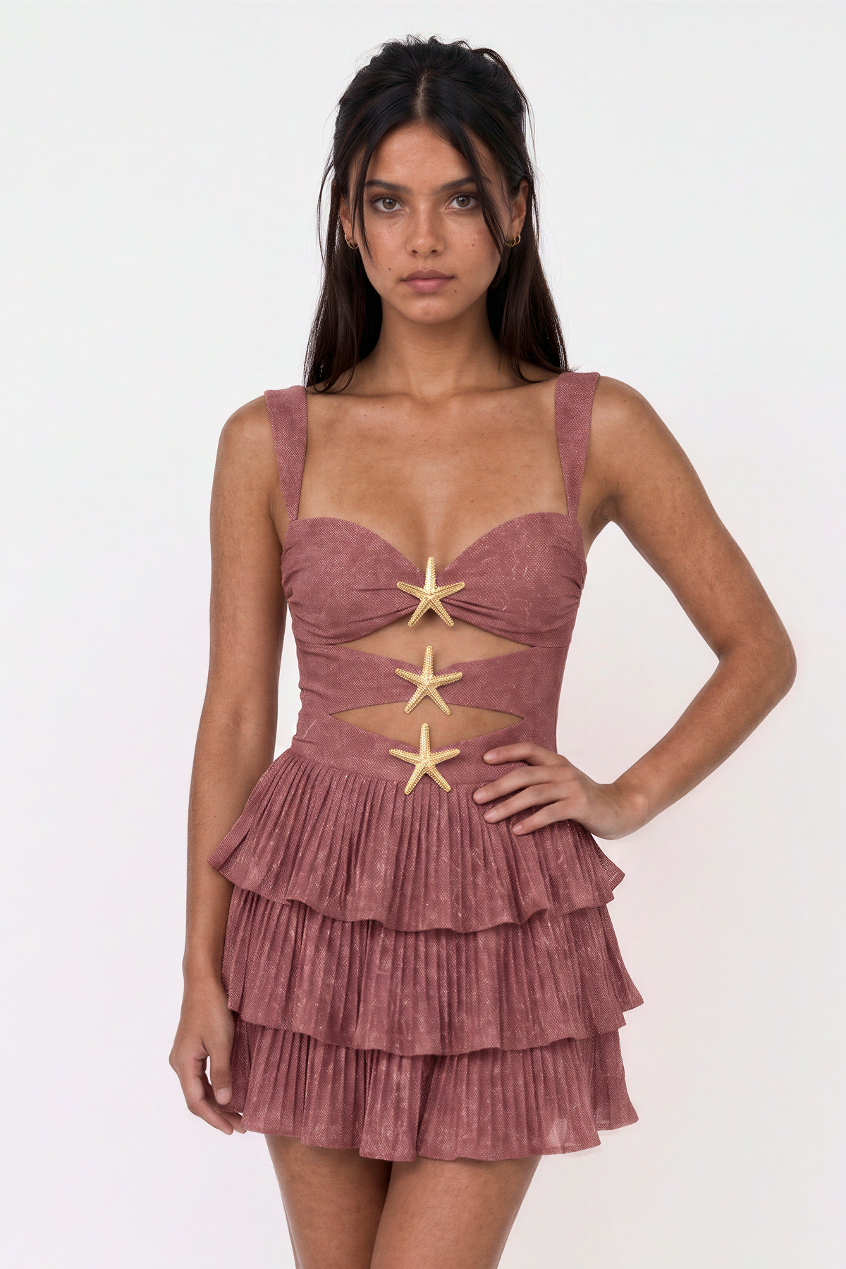 Rust Red Starfish Cutout Ruffle Mini Dress