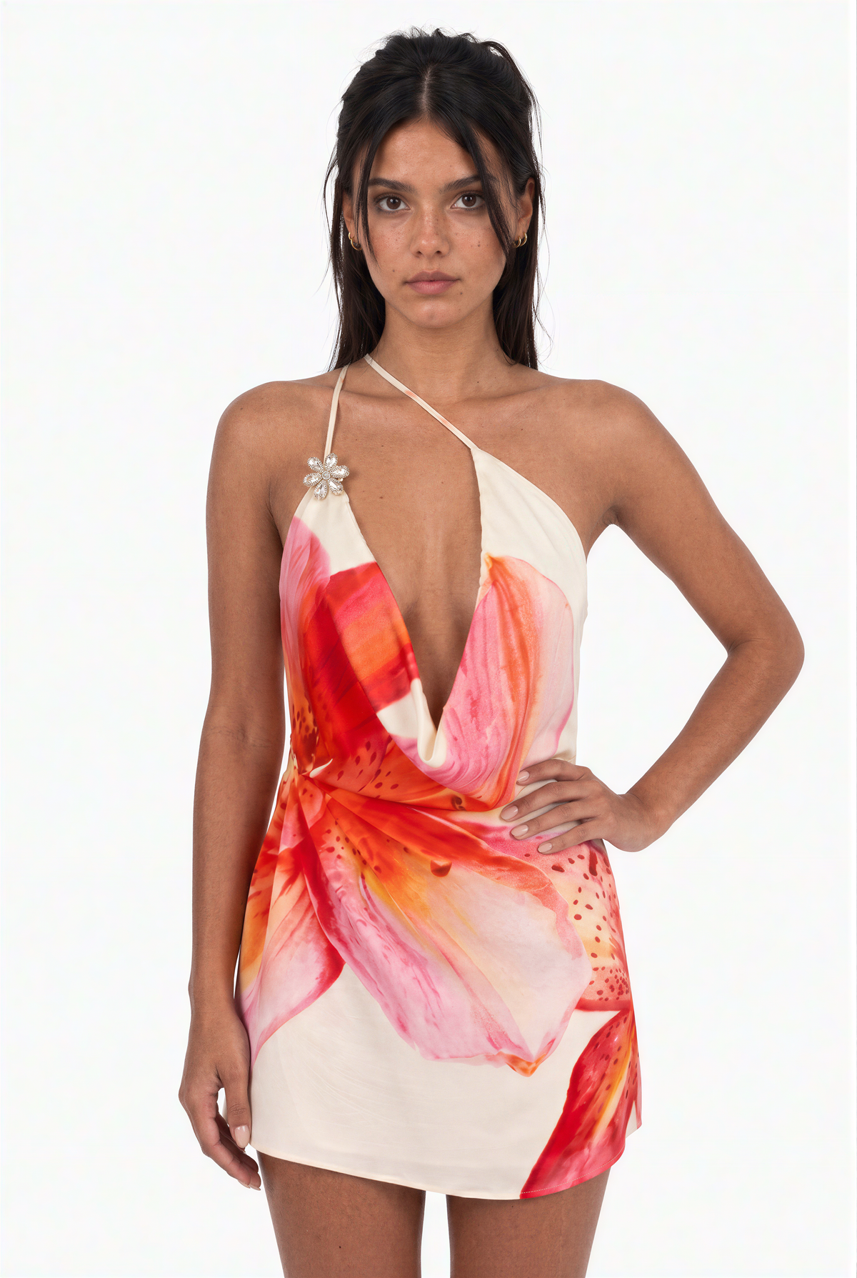 Pink Floral Cowl Neck Mini Dress