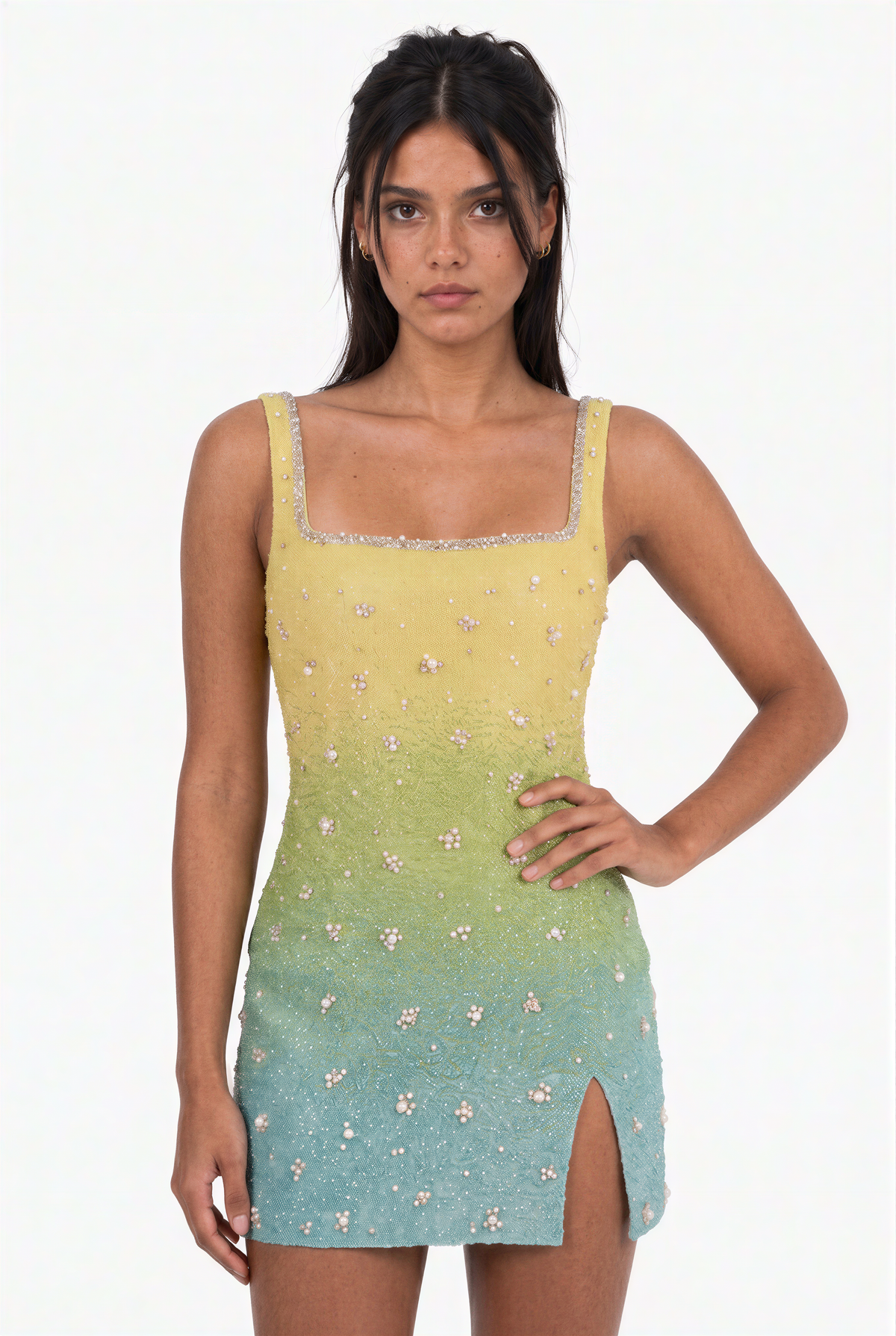 Yellow & Teal Ombre Embellished Mini Dress