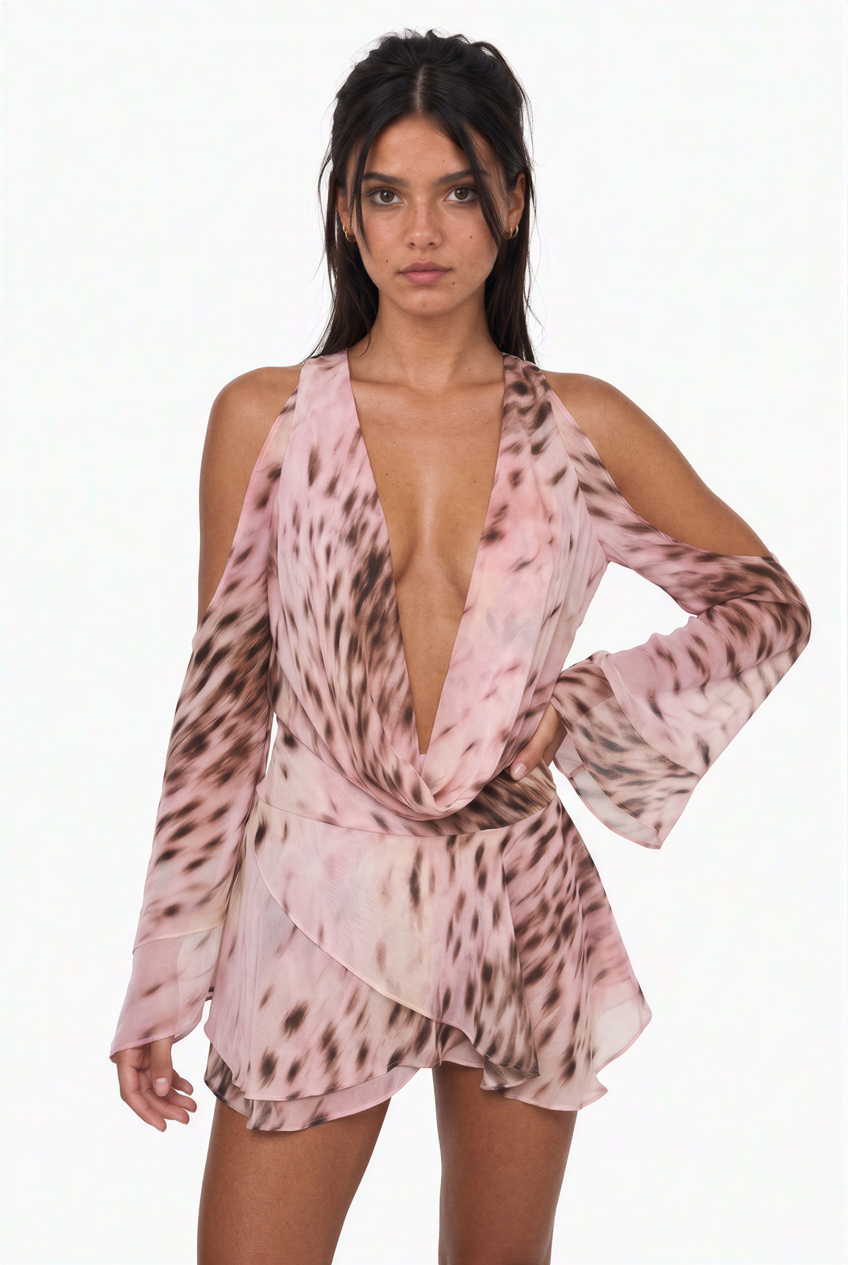 Pink Leopard Sheer Ruffle Mini Dress