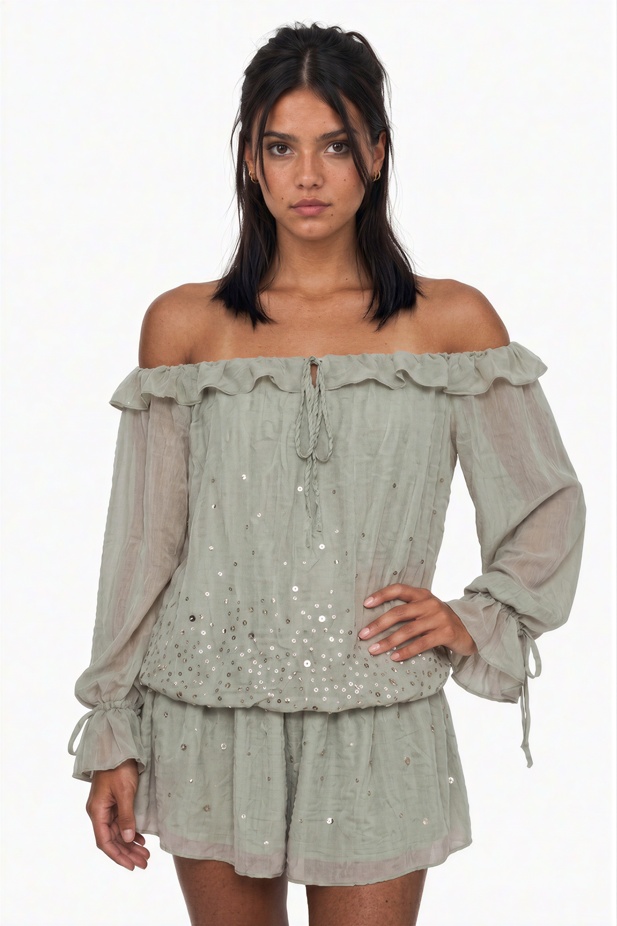 Off-the-Shoulder Sequin Chiffon Mini Dress