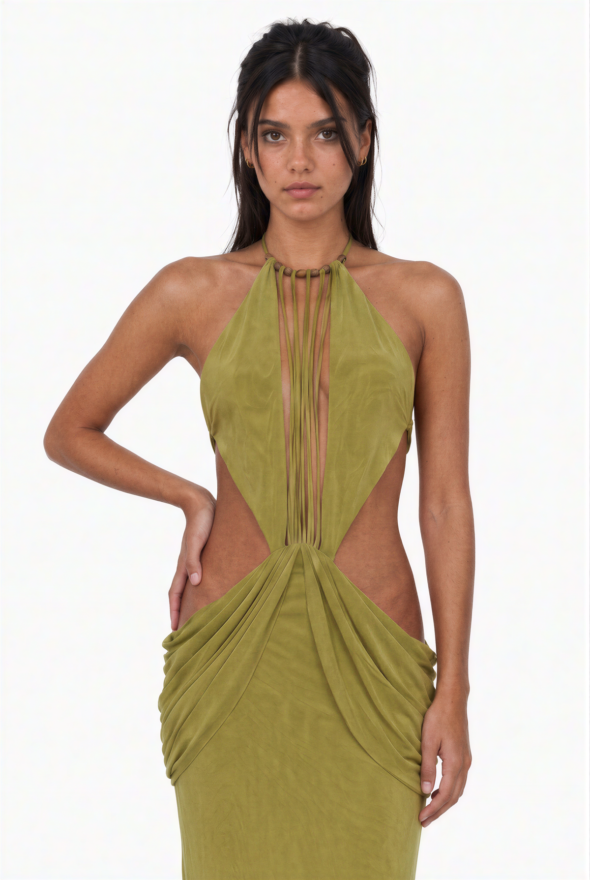 Olive-Green Cut-Out Halter Maxi Dress