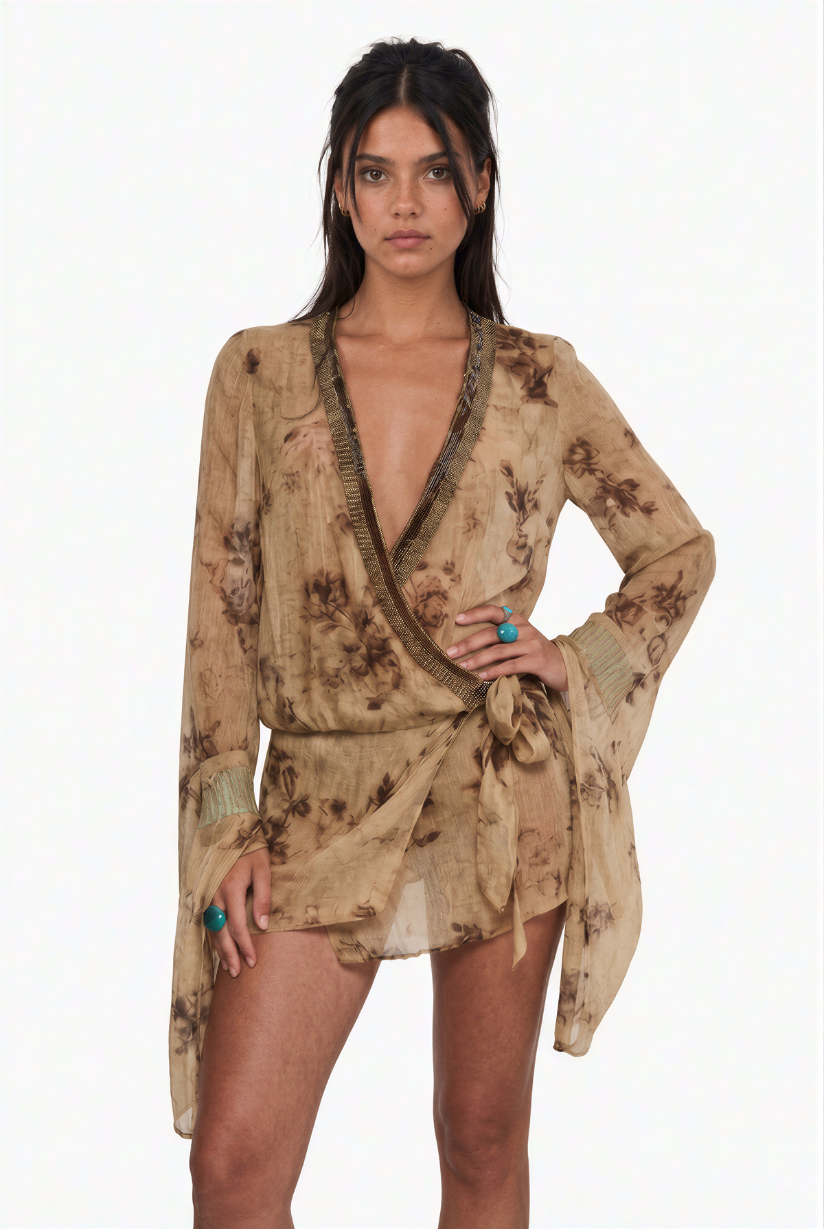 Beaded Floral Print Wrap Beach Dress