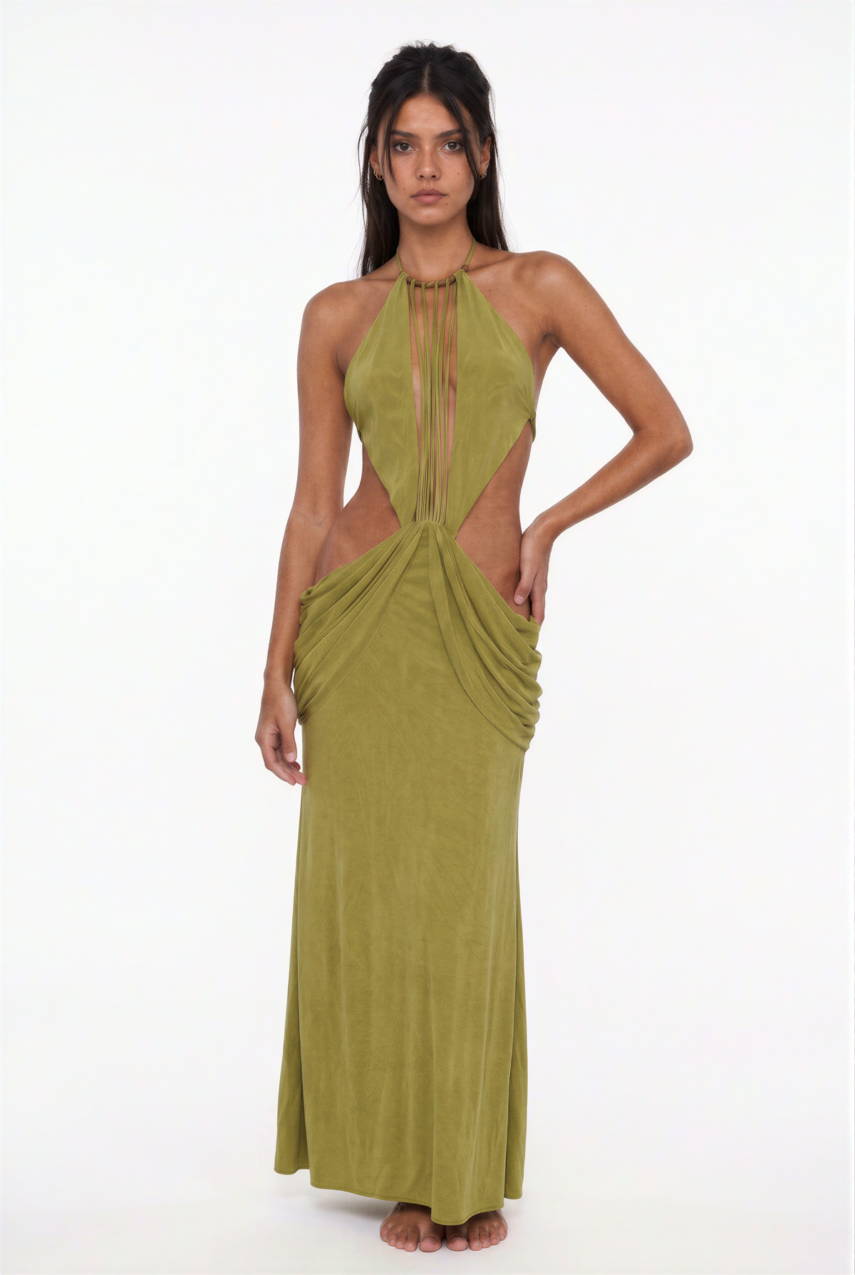 Olive-Green Cut-Out Halter Maxi Dress