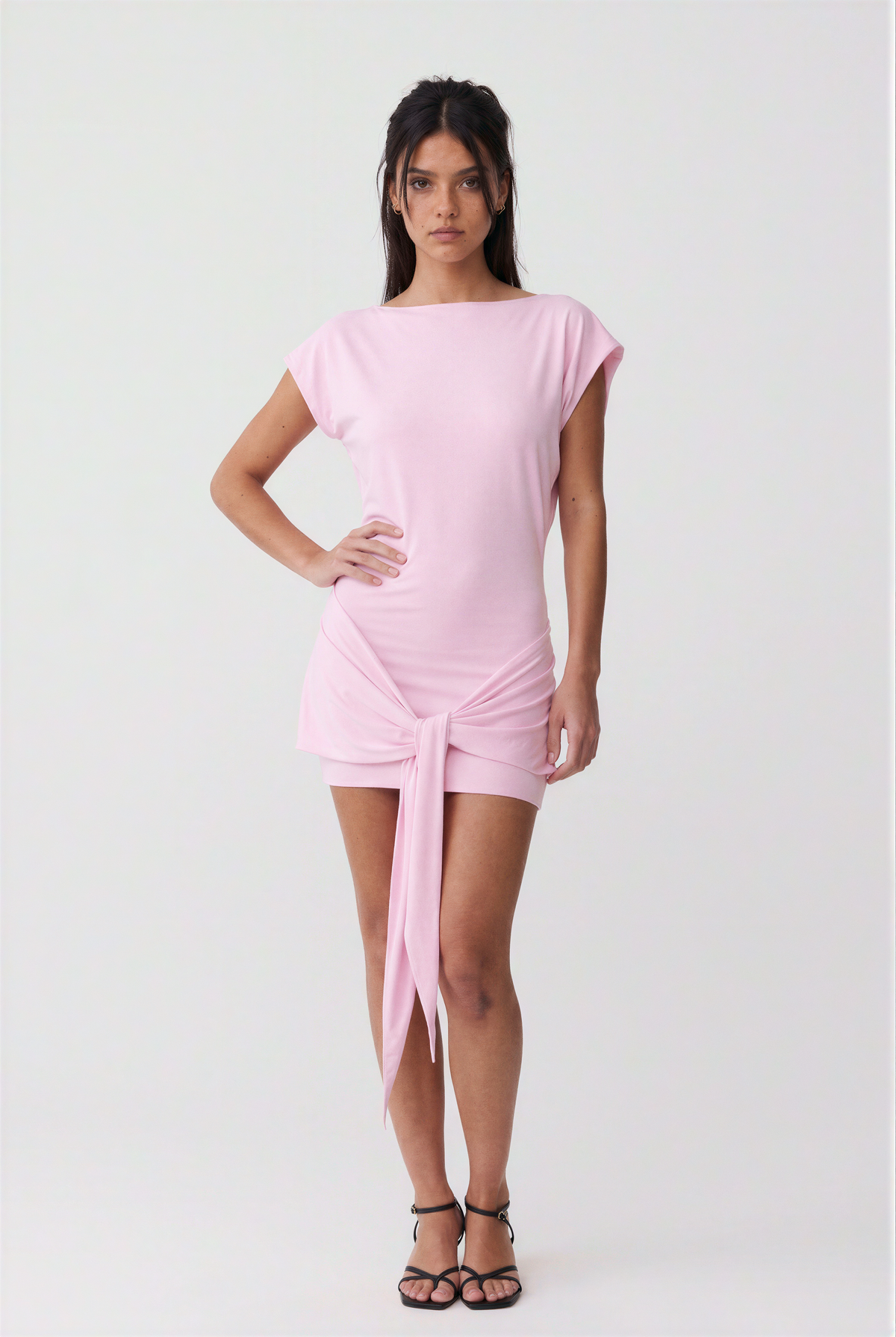 Light Pink Front-Tie Short Sleeve Mini Dress
