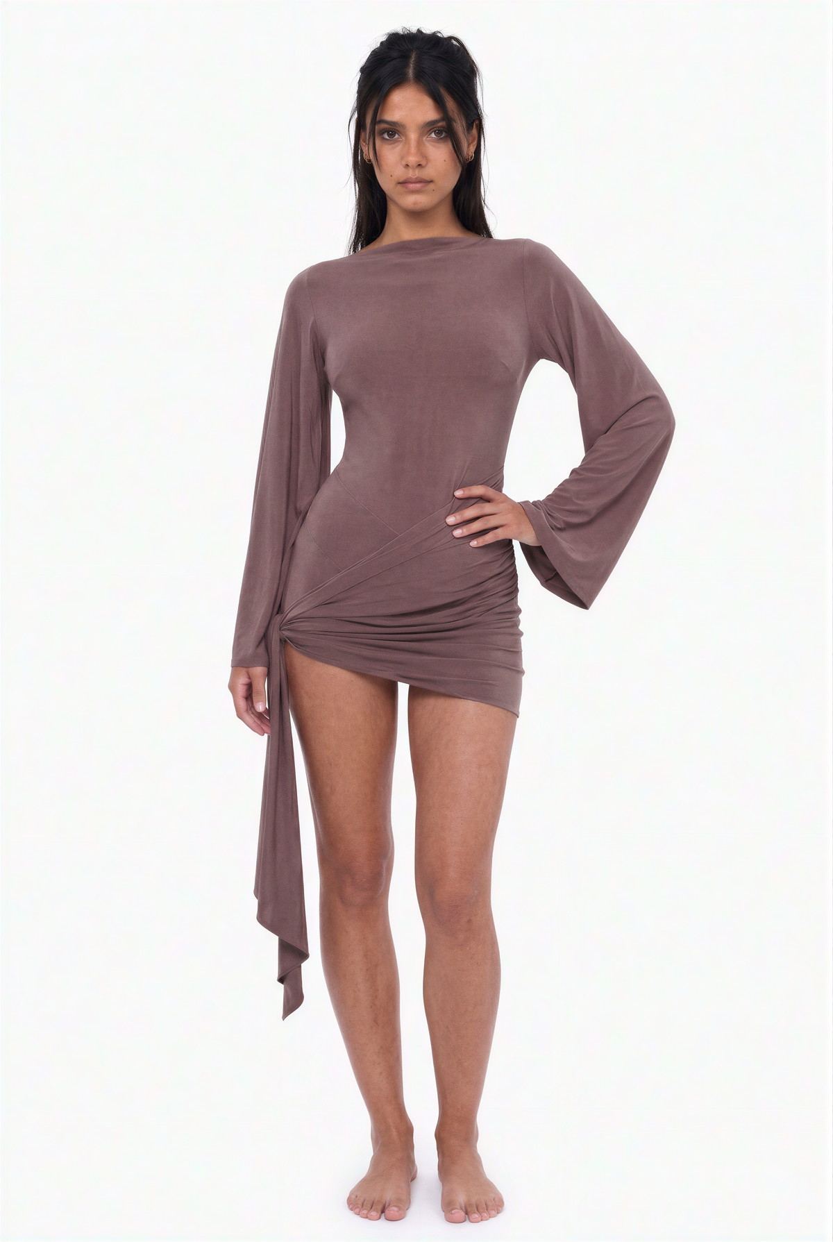Taupe Draped Tie-Side Bell Sleeve Mini Dress