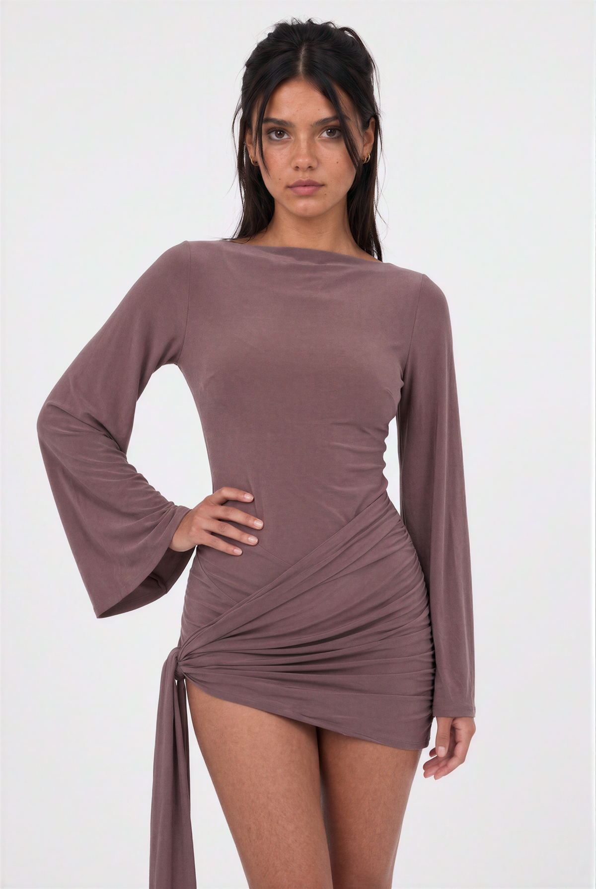 Taupe Draped Tie-Side Bell Sleeve Mini Dress