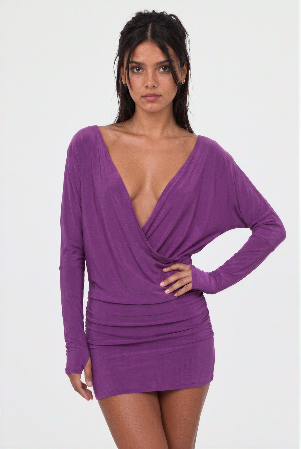 Deep Purple Cowl Neck Ruched Mini Dress