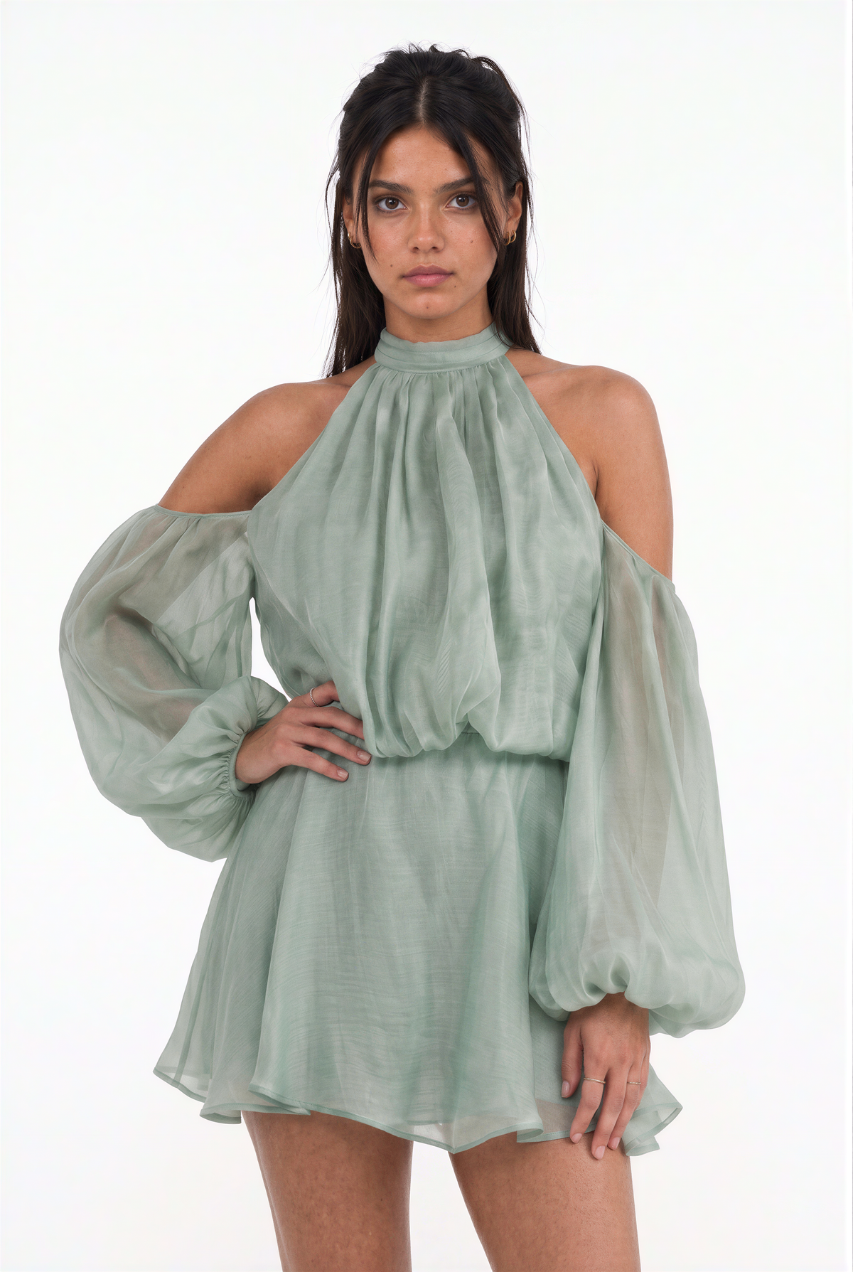 Sage Green Cold-Shoulder Halter Mini Dress