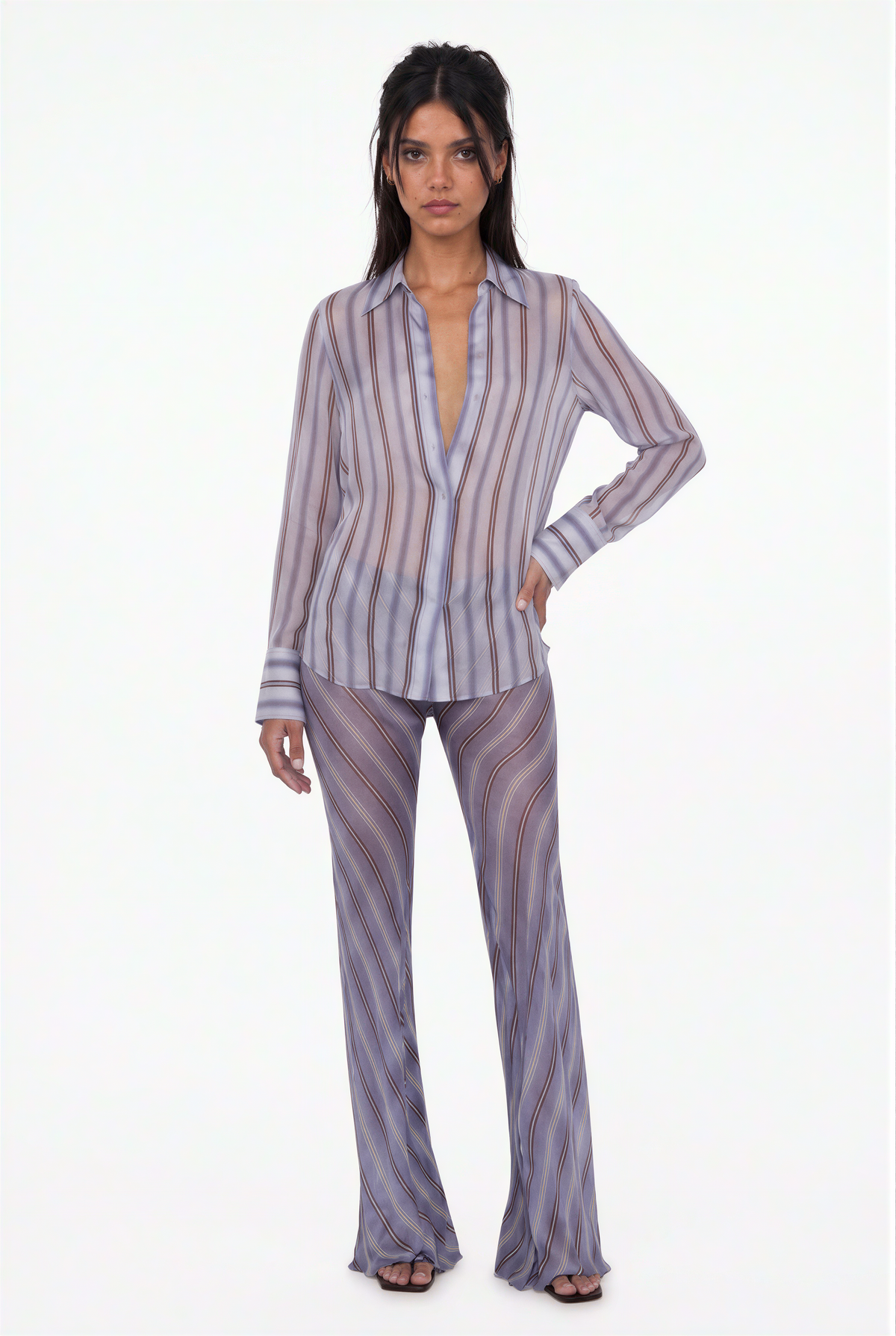 Two-Piece Striped Sheer Shirt and Wide-Leg Pants Outfit