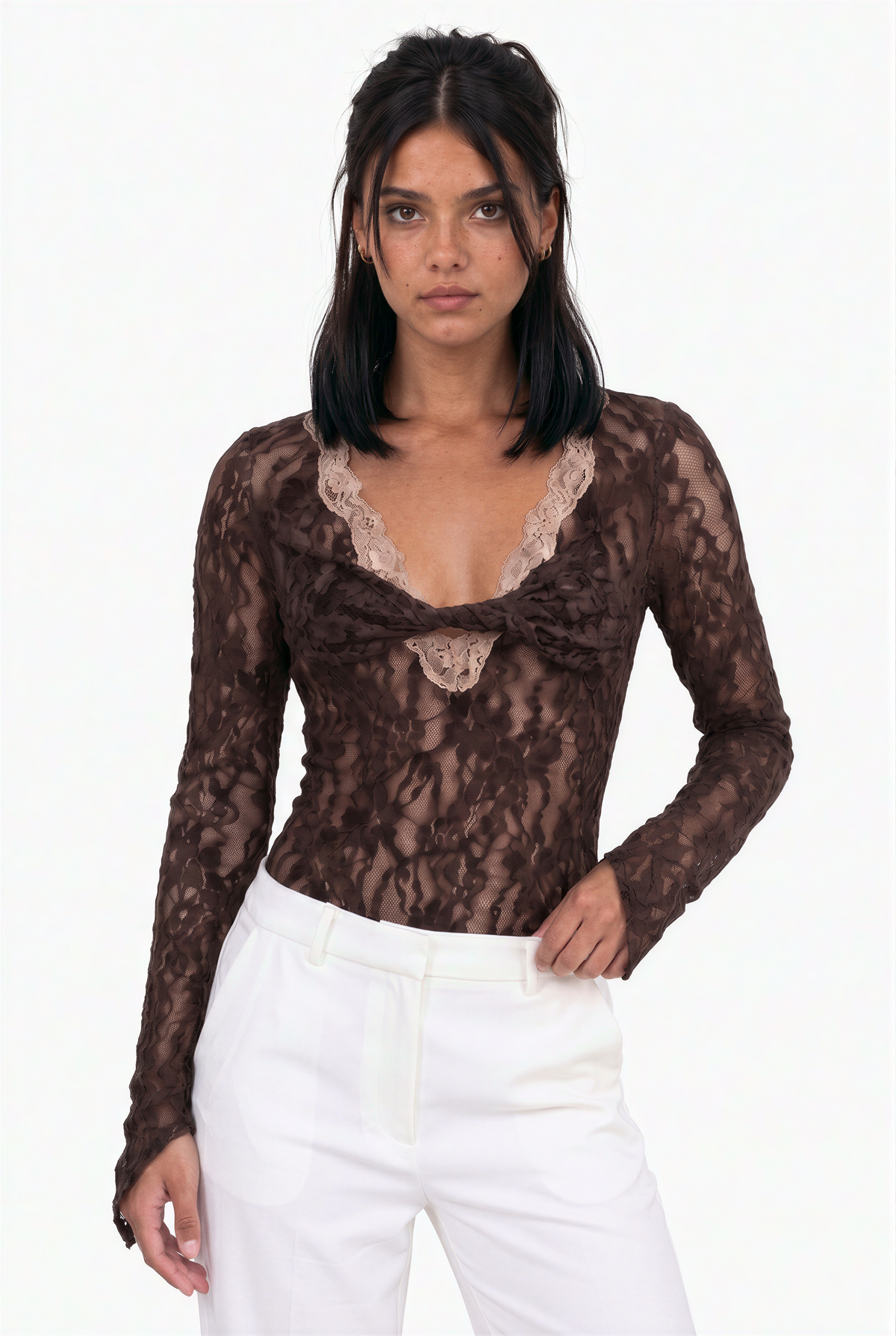 Lace Twist-Front Long Sleeve Bodysuit