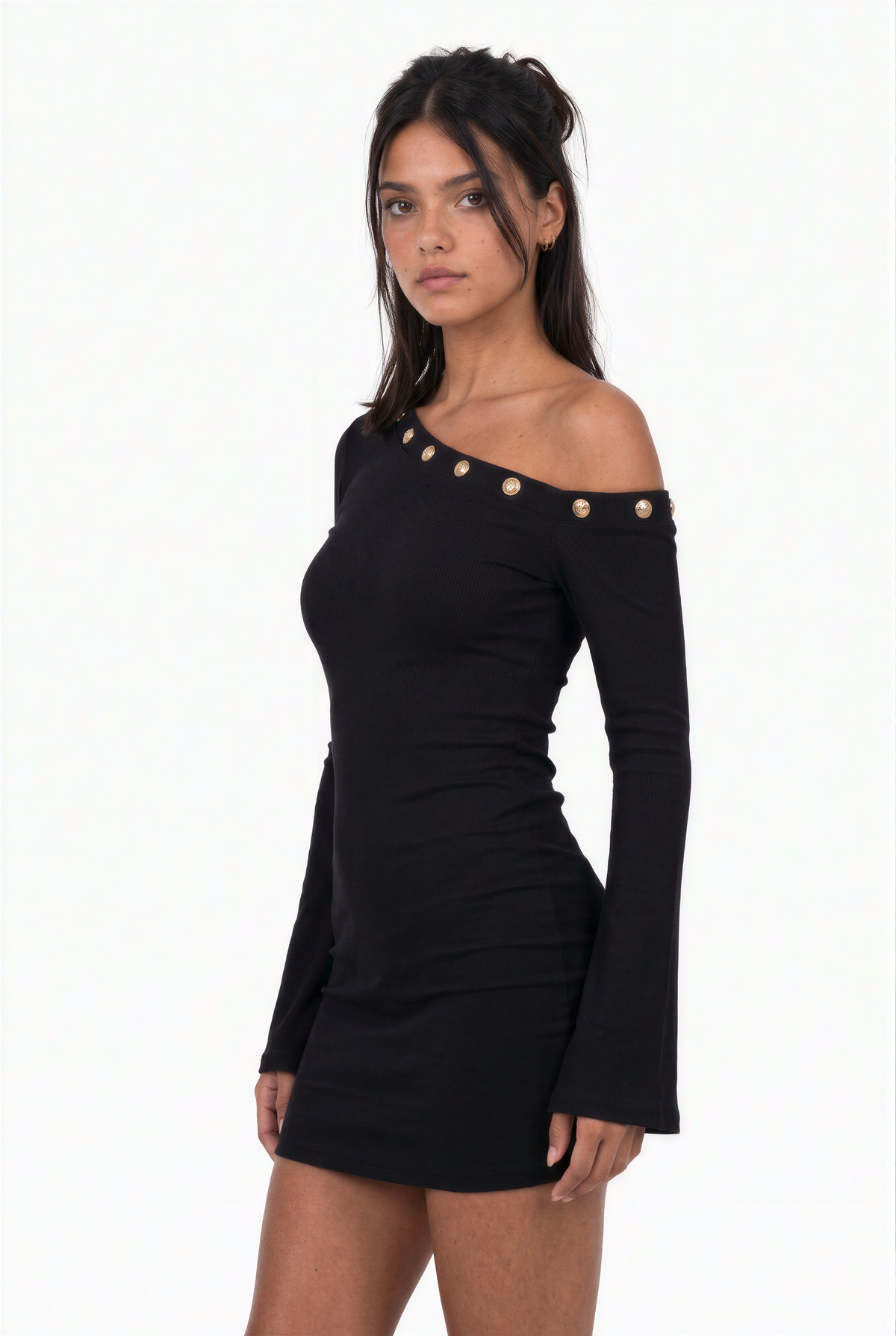 Sleek One-Shoulder Black Bodycon Dress with Bell Sleeves