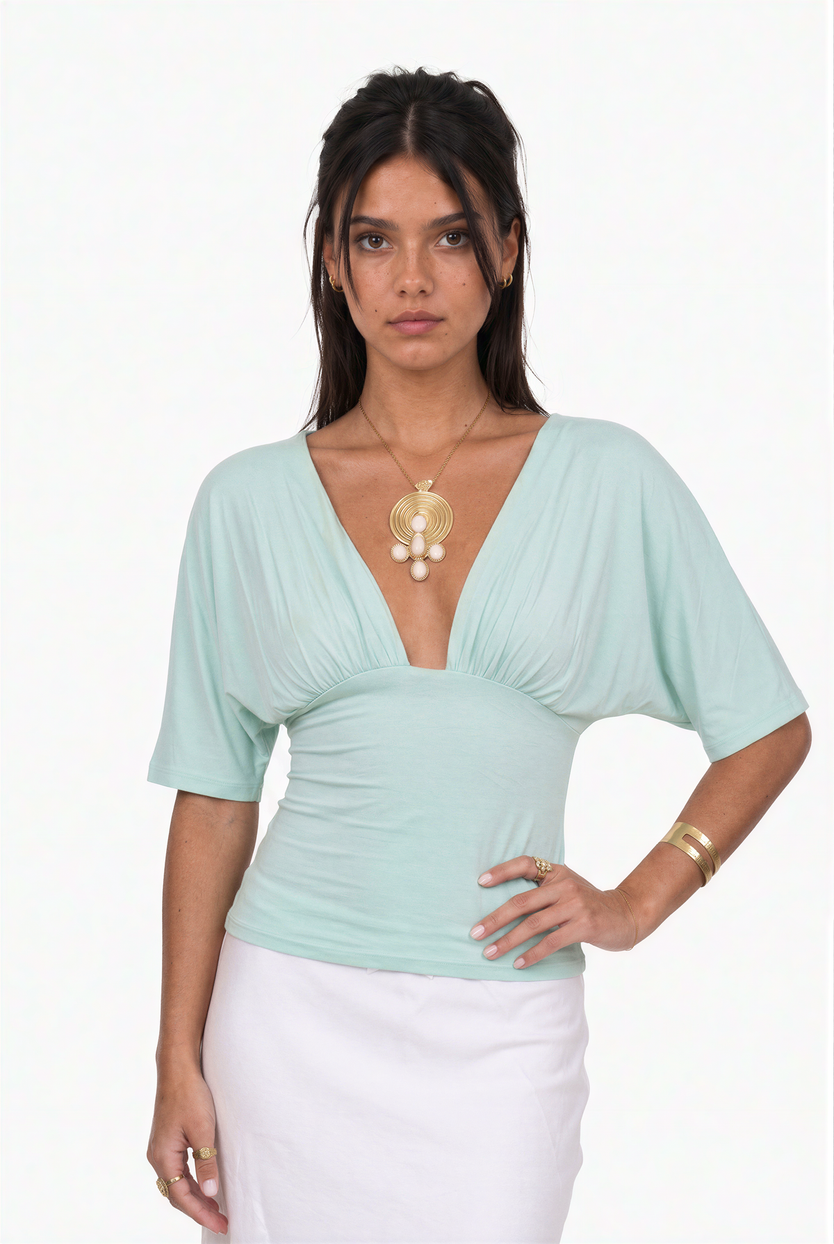 Plunging V-Neck Short Sleeve Top