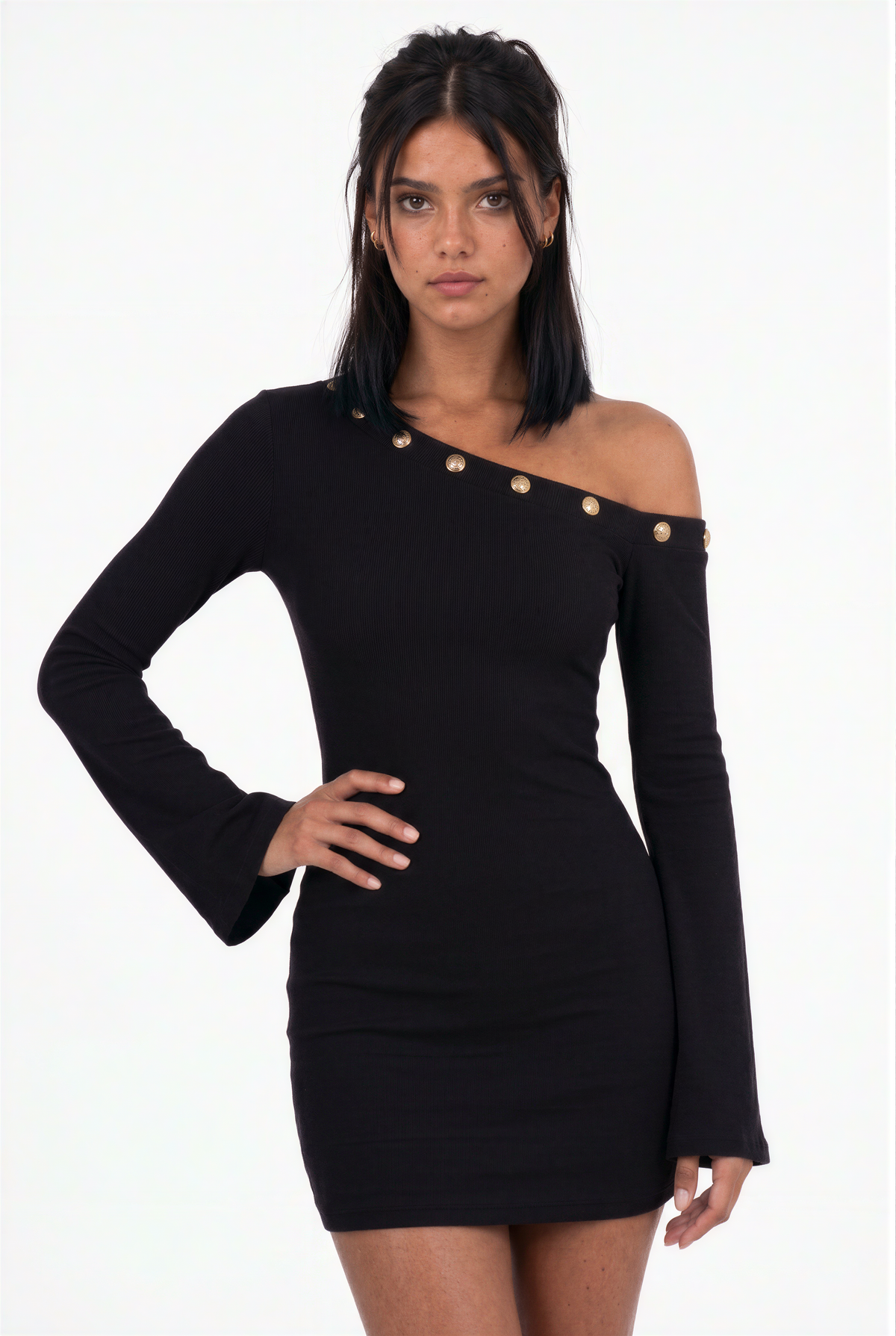 Sleek One-Shoulder Black Bodycon Dress with Bell Sleeves