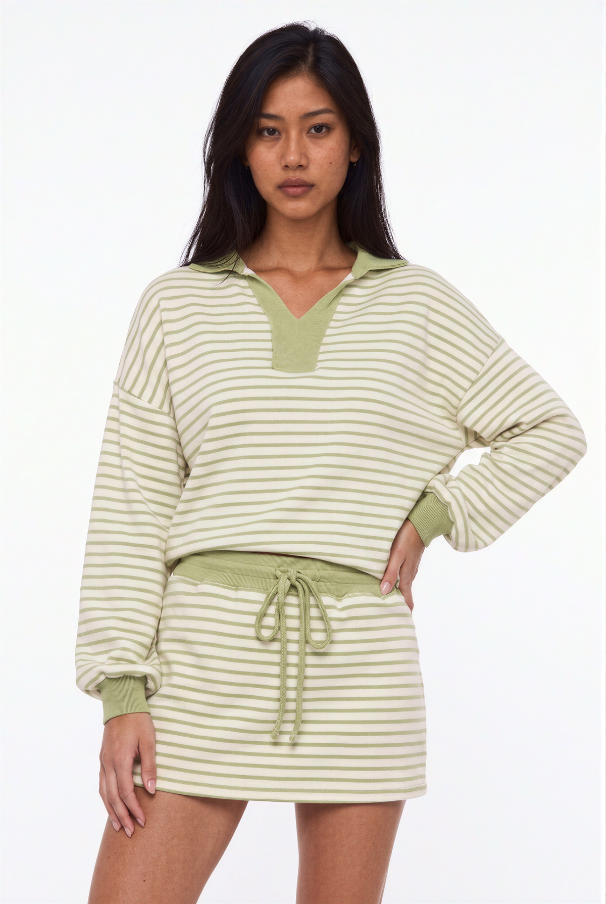 Striped Polo Sweatshirt and Mini Skirt Set