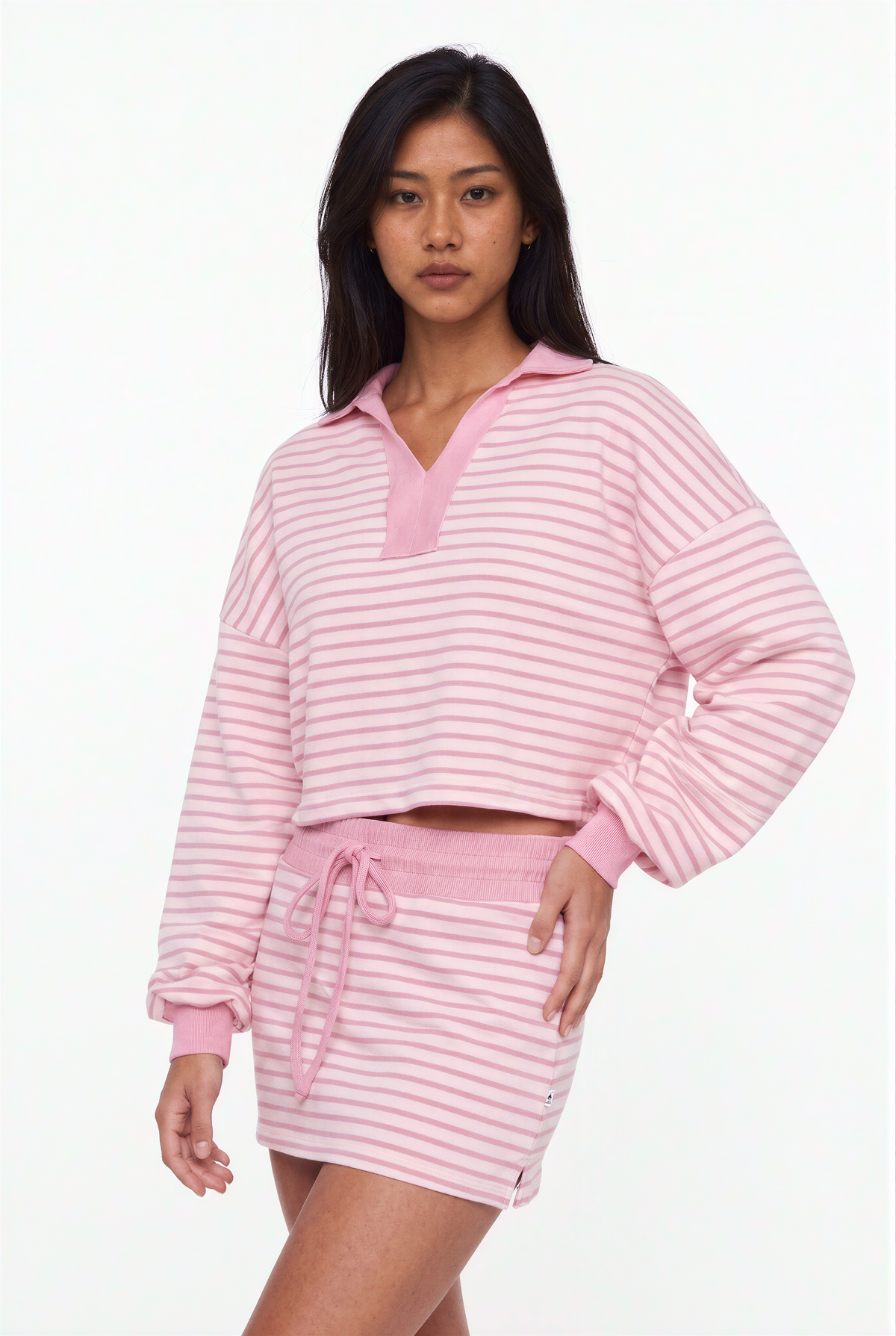 Striped Polo Sweatshirt and Mini Skirt Set