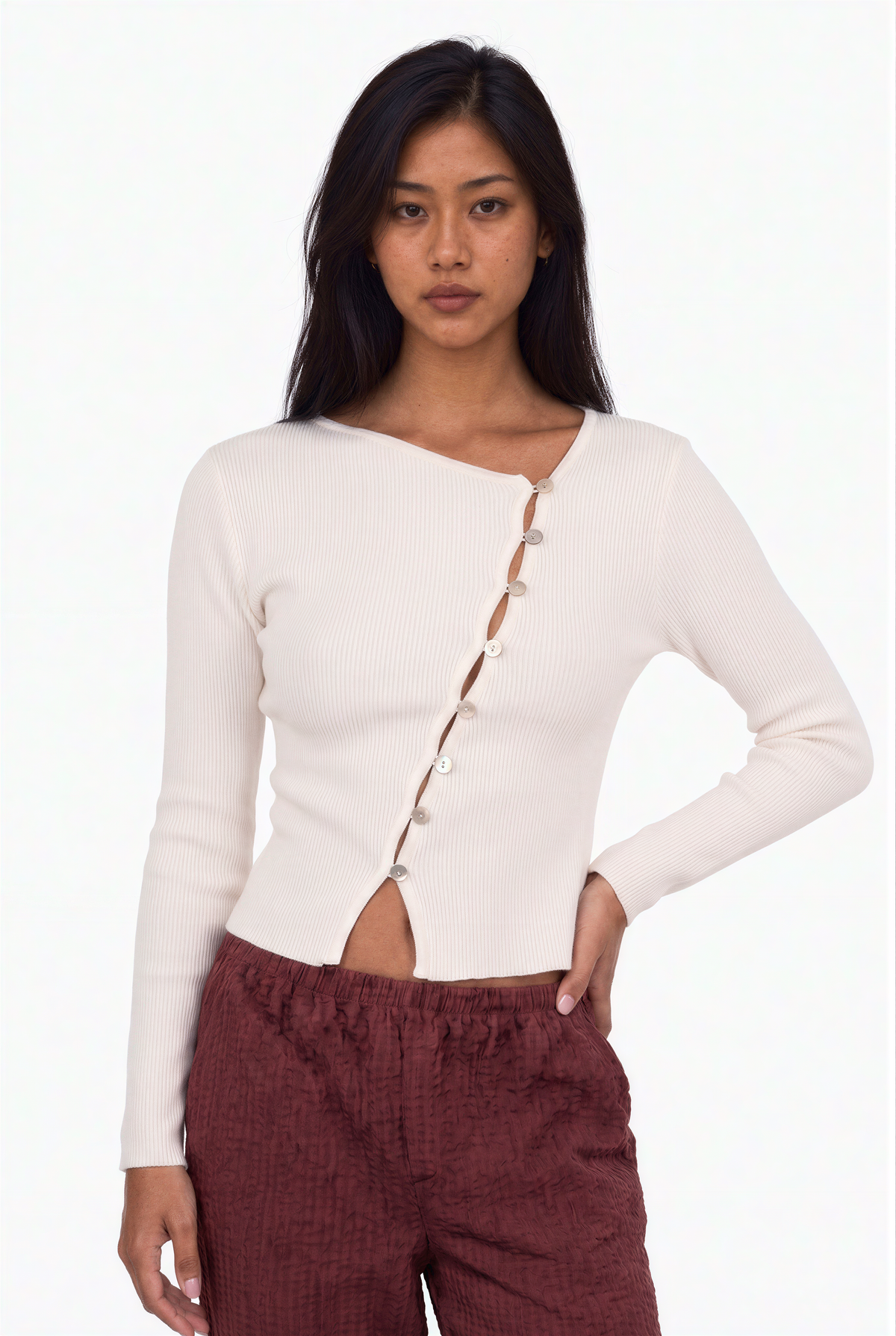 Asymmetric Button-Front Long Sleeve Top