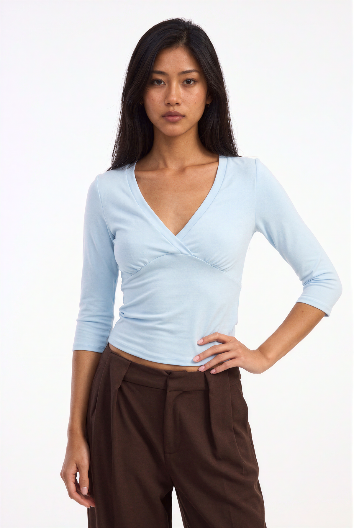 V-Neck Wrap-Front Three-Quarter Sleeve Top