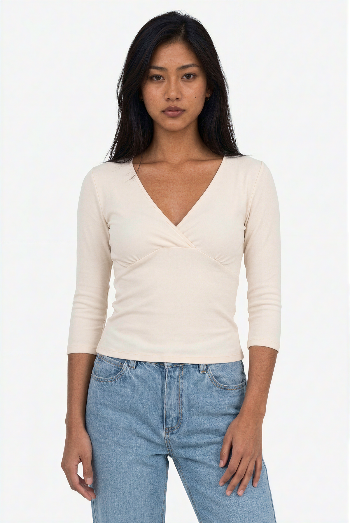 V-Neck Wrap-Front Three-Quarter Sleeve Top