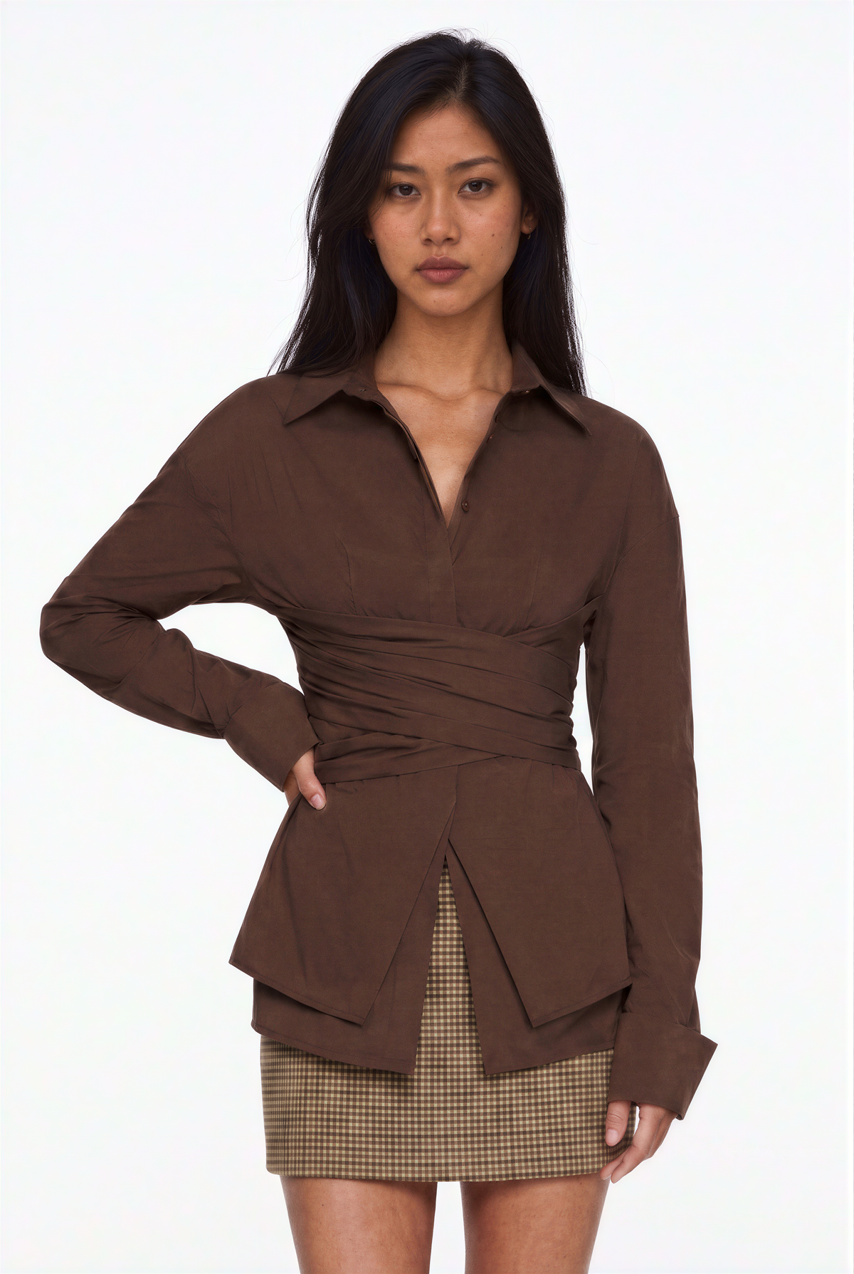 Wrap-Front White Button-Down Shirt with Extended Cuffs
