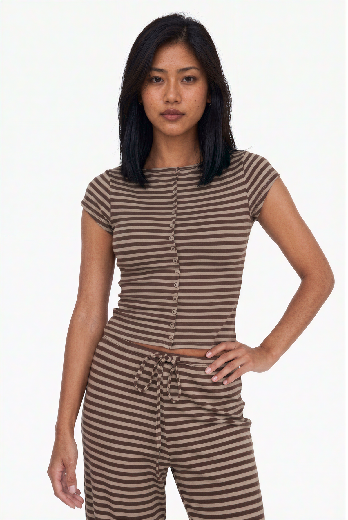 Brown Striped Button-Front Top and Wide-Leg Pants Set