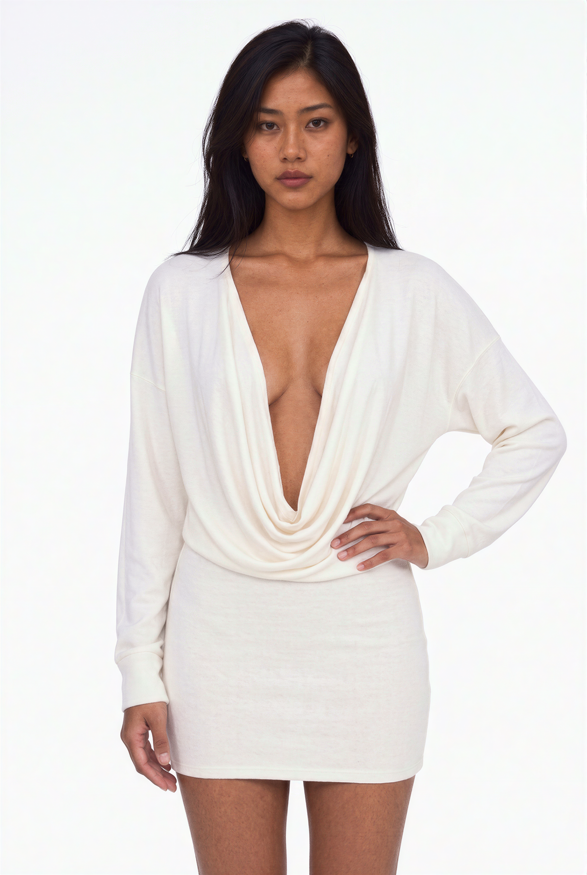 Cowl Neck Long Sleeve Mini Shirt Dress