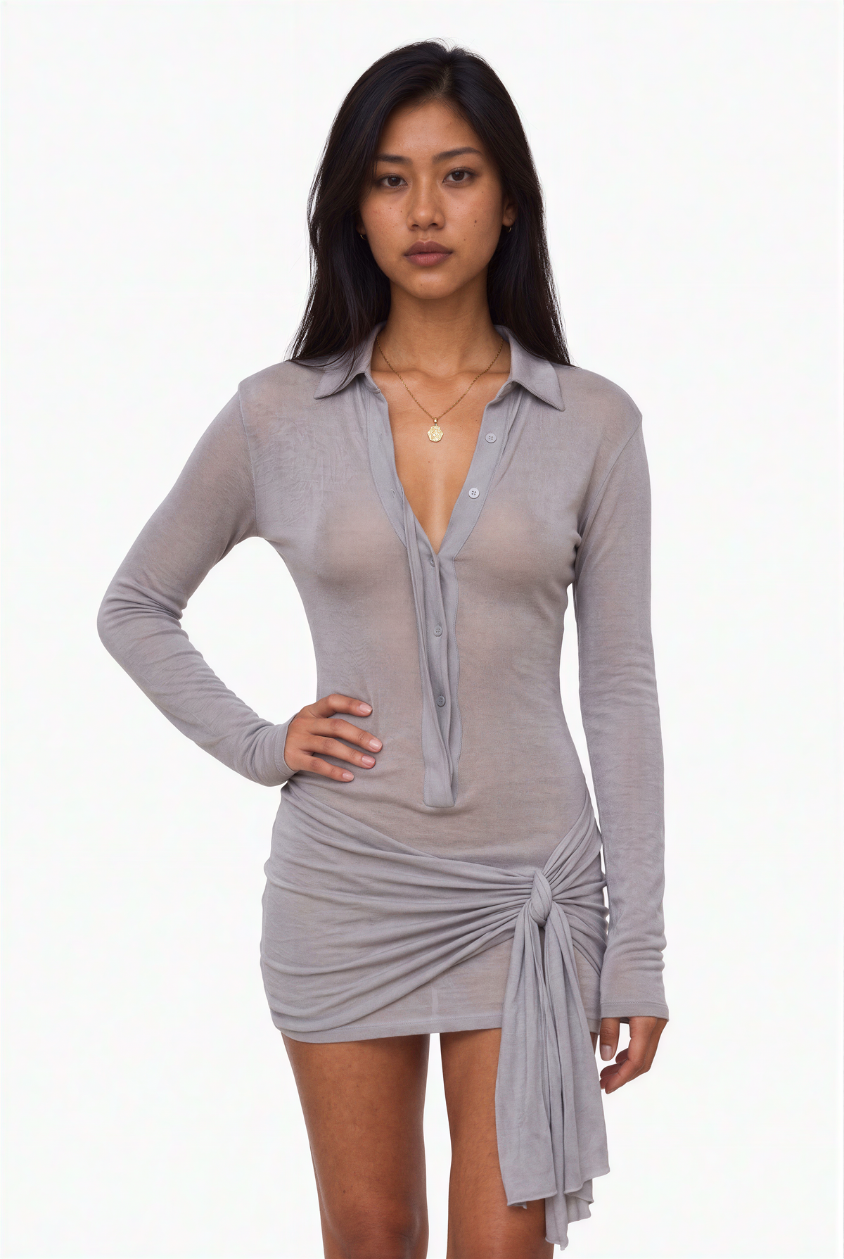 Grey Neck Long Sleeve Mini Dress