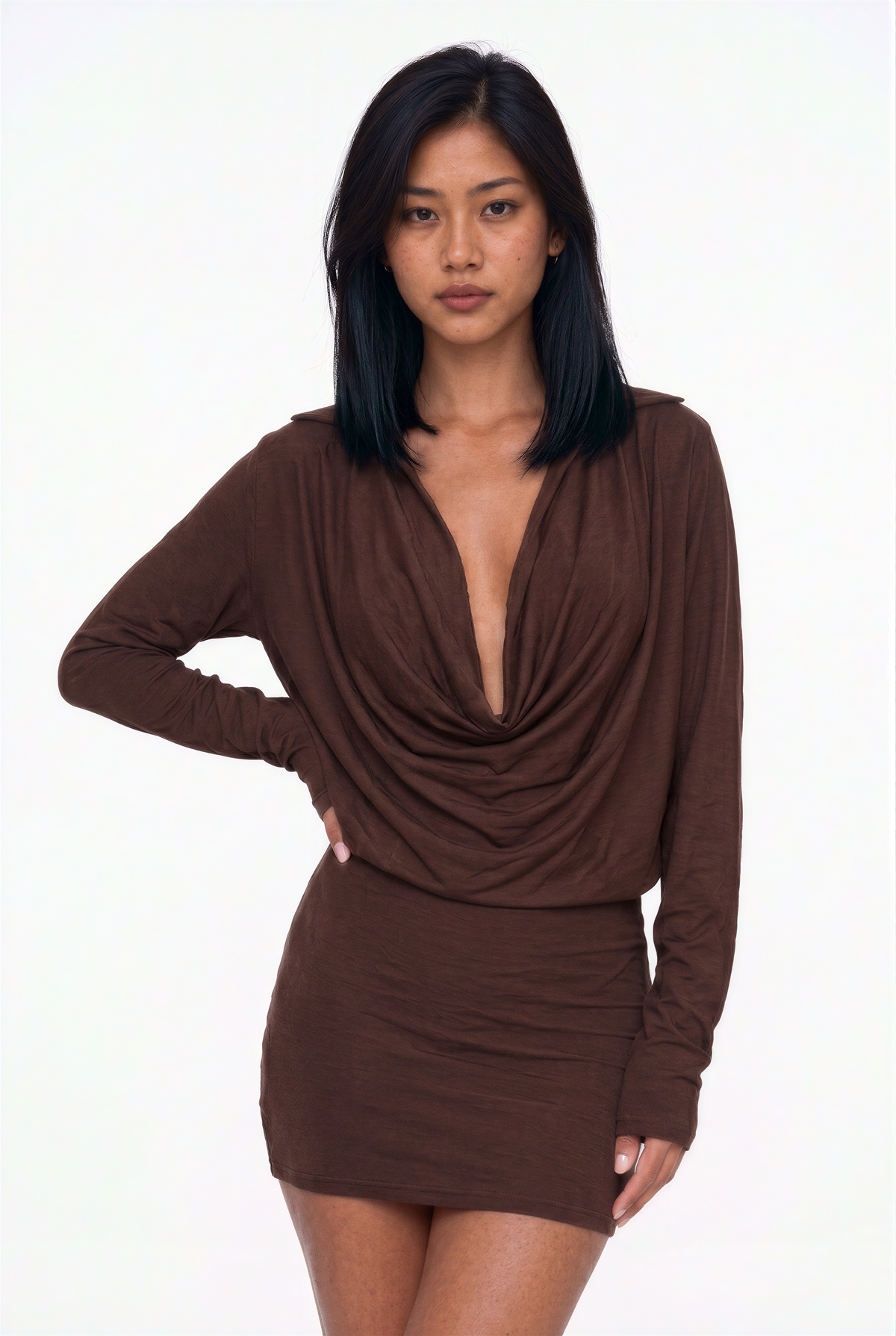 Cowl Neck Long Sleeve Mini Shirt Dress