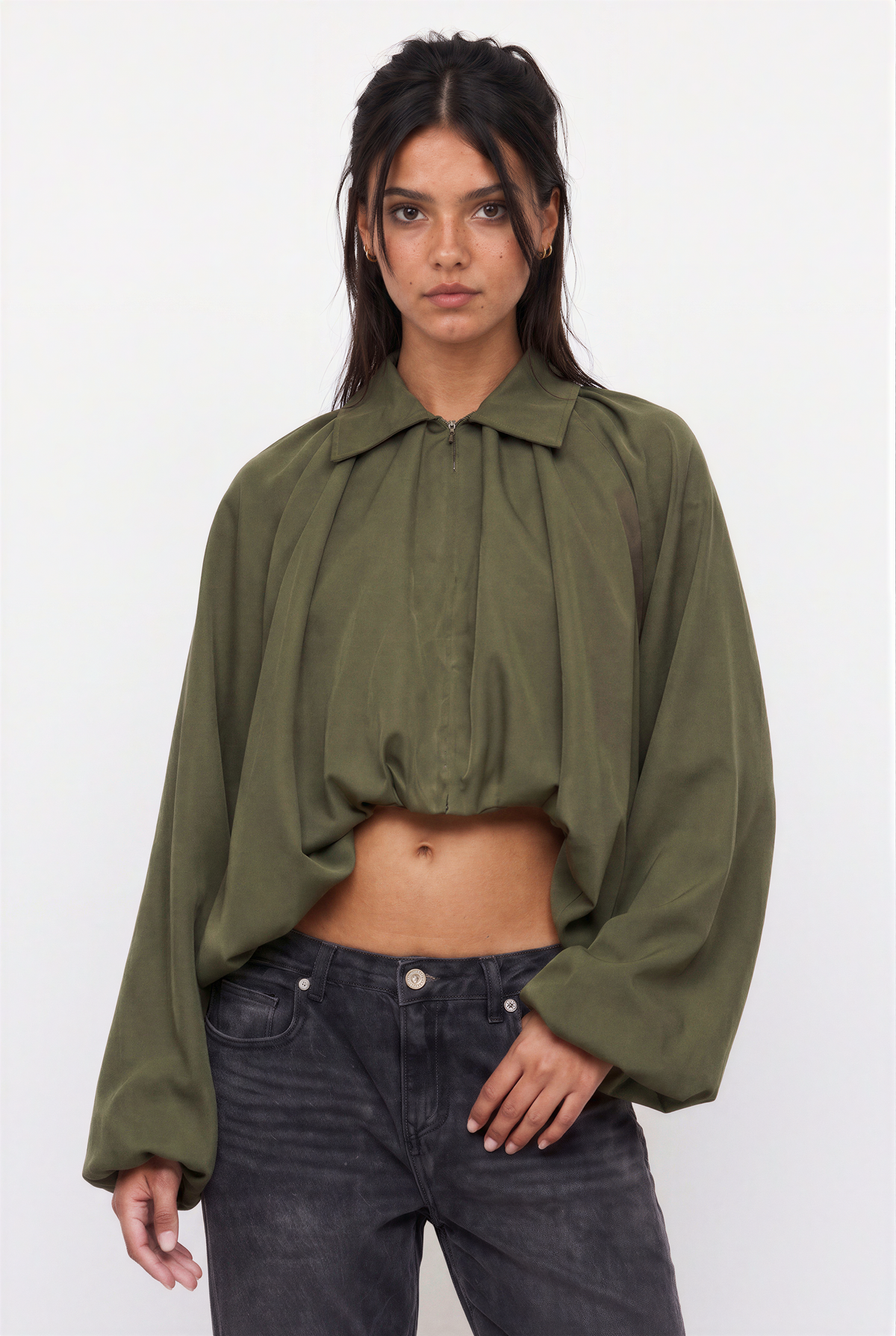 Collared Zip-Front Ruched Crop Jacket with Balloon Sleeves