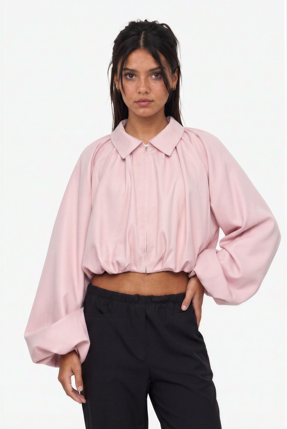 Collared Zip-Front Ruched Crop Jacket with Balloon Sleeves
