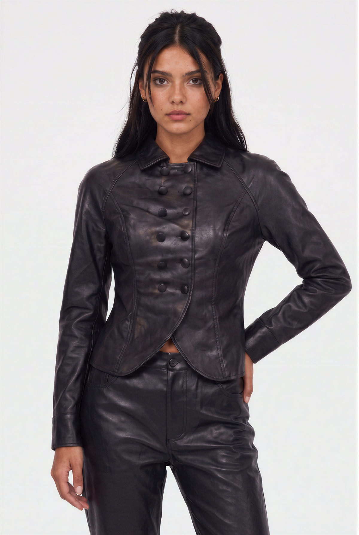 Black Faux Leather Double-Breasted Fitted Moto Jacket