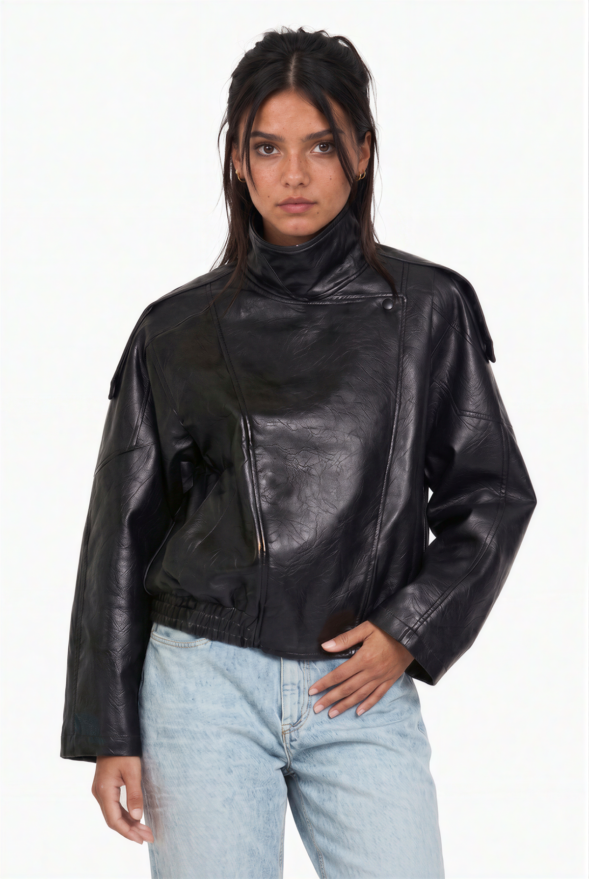 Black Crinkled Faux Leather Oversized Bomber Jacket