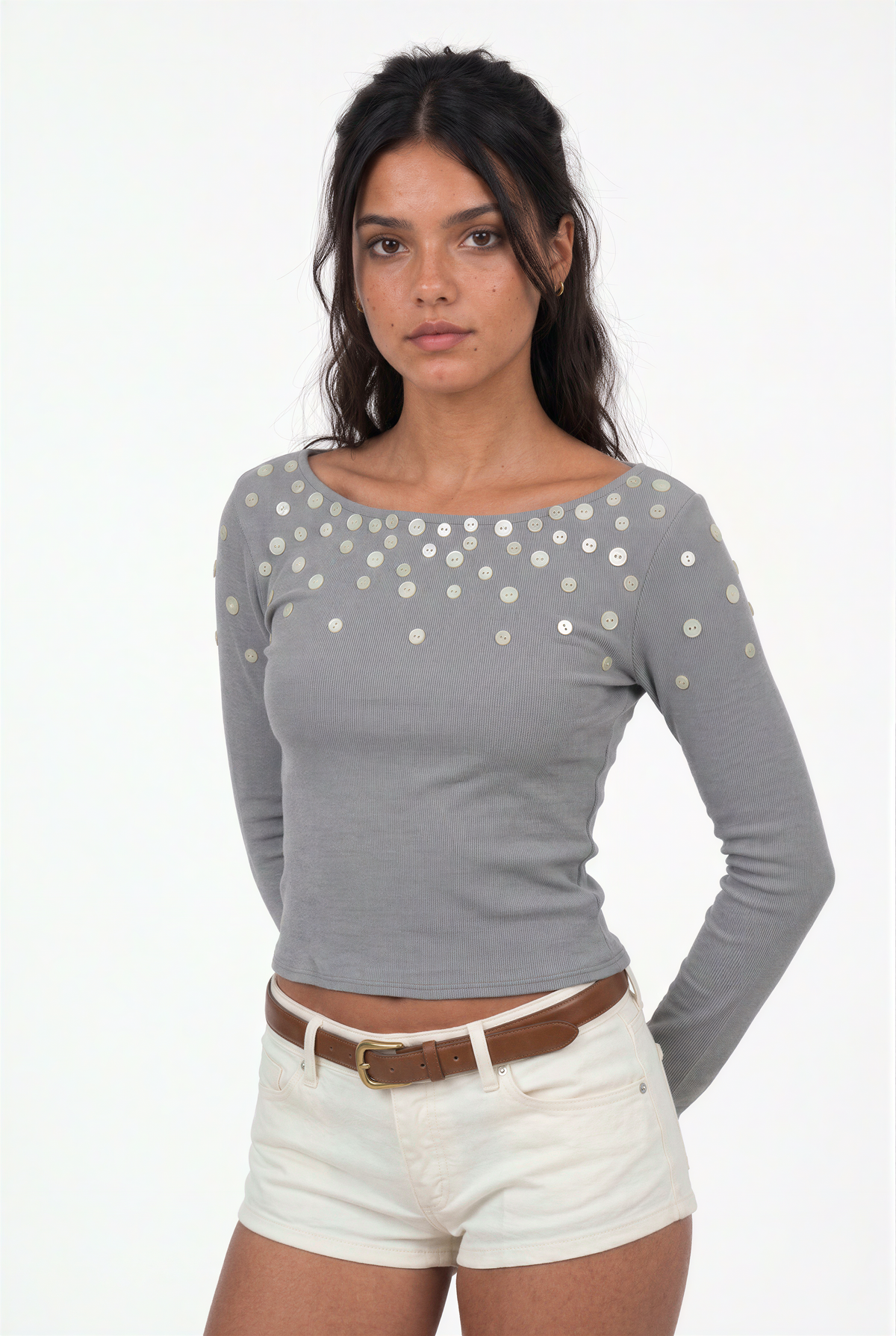 Embellished Button-Detail Long Sleeve Boat Neck Crop Top