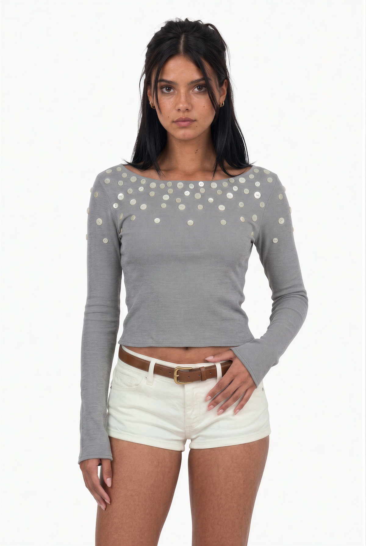 Embellished Button-Detail Long Sleeve Boat Neck Crop Top