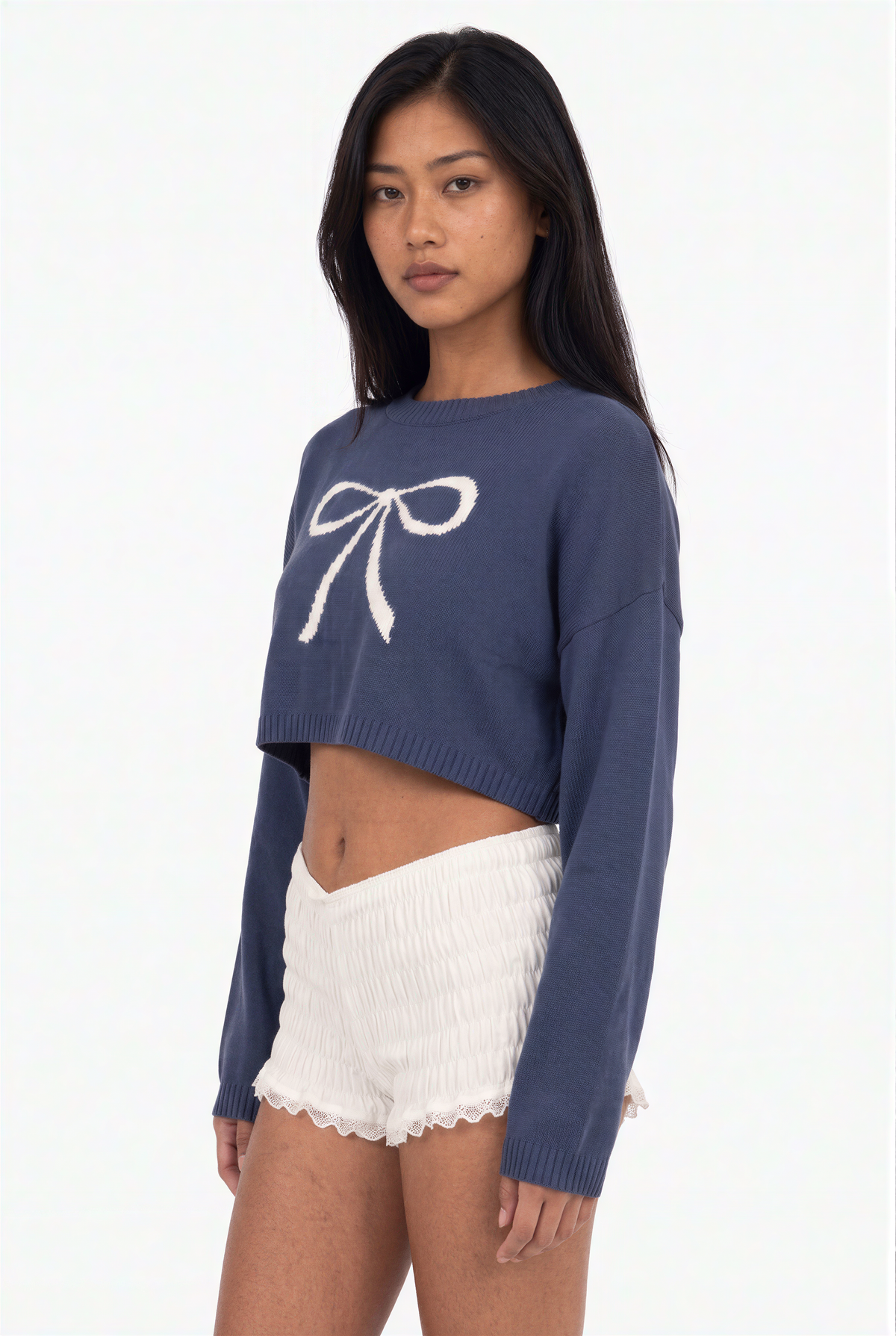 Dusty Blue Crewneck Intarsia Bow Crop Sweater