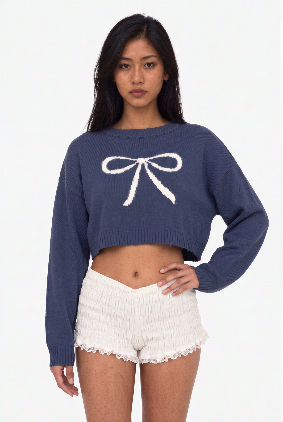 Dusty Blue Crewneck Intarsia Bow Crop Sweater