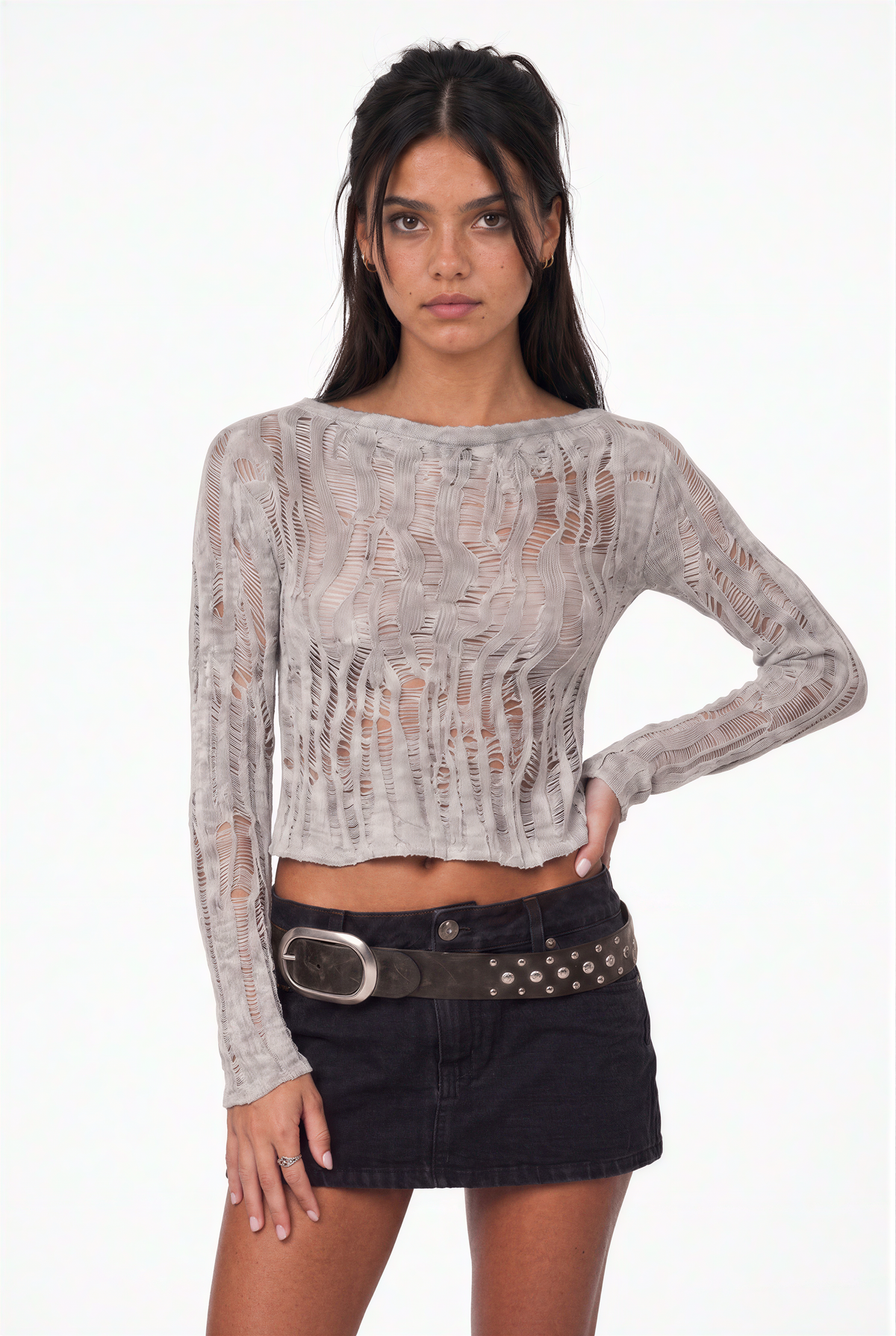 Metallic Sheer Ribbed Knit Long Sleeve Top
