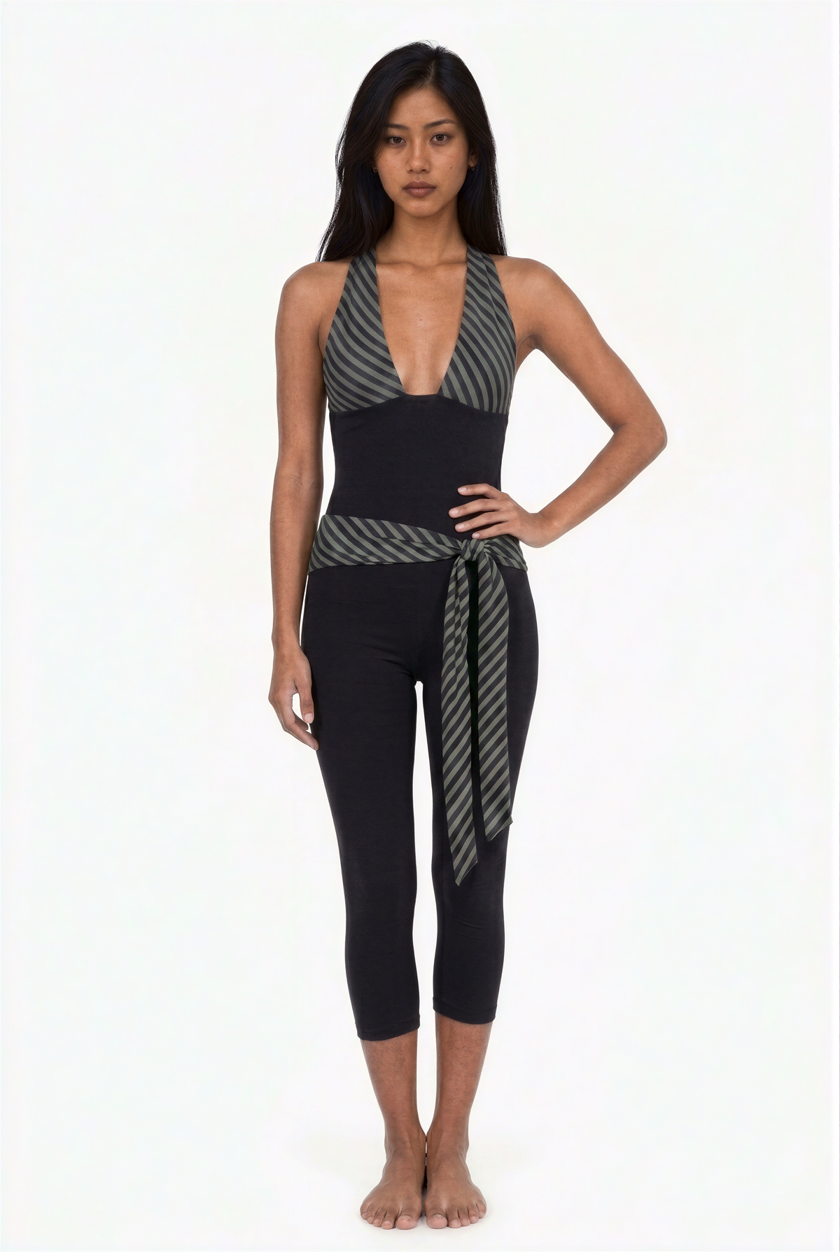 Chevron Stripe Halter Neck Cropped Jumpsuit with Tie Waist