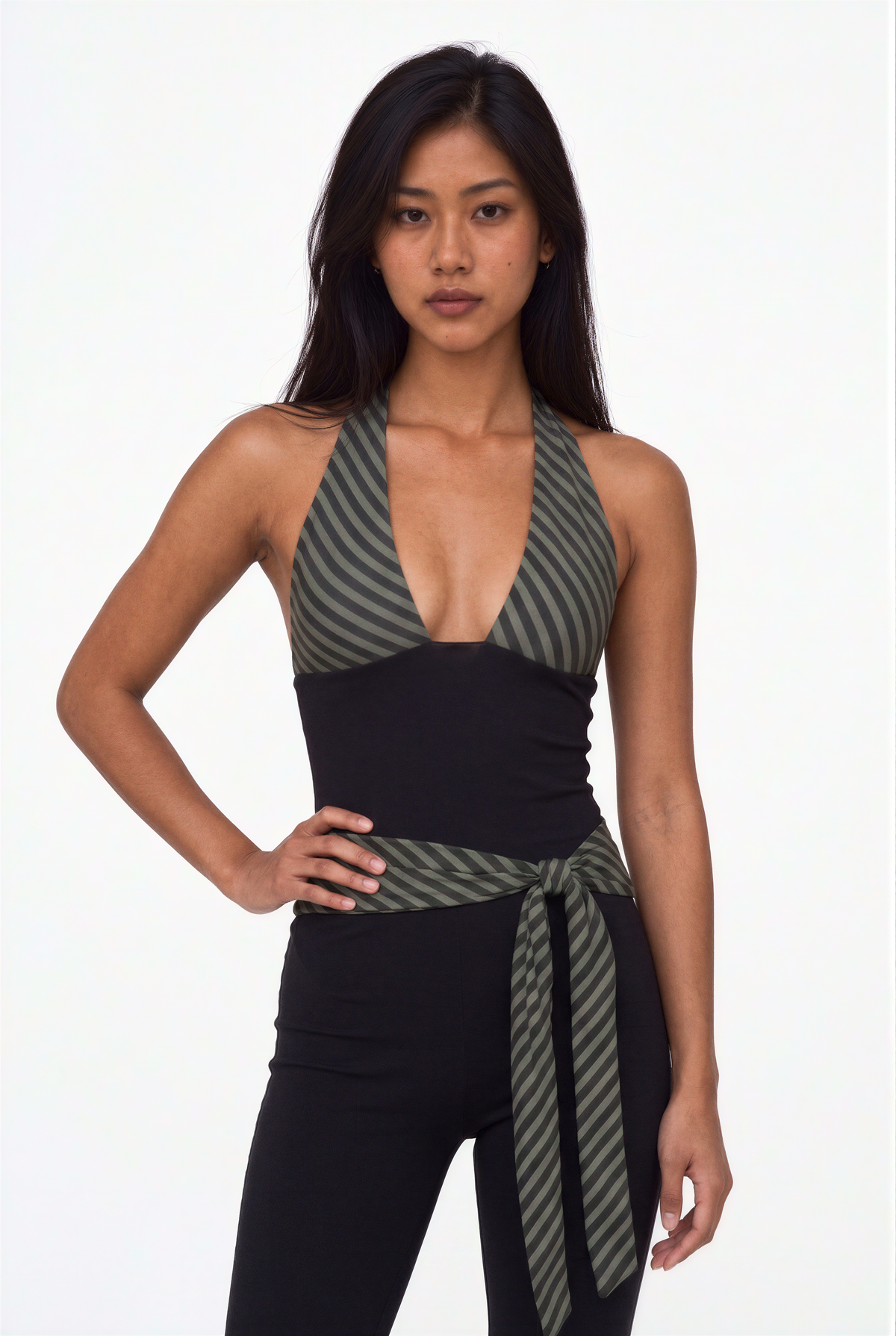 Chevron Stripe Halter Neck Cropped Jumpsuit with Tie Waist