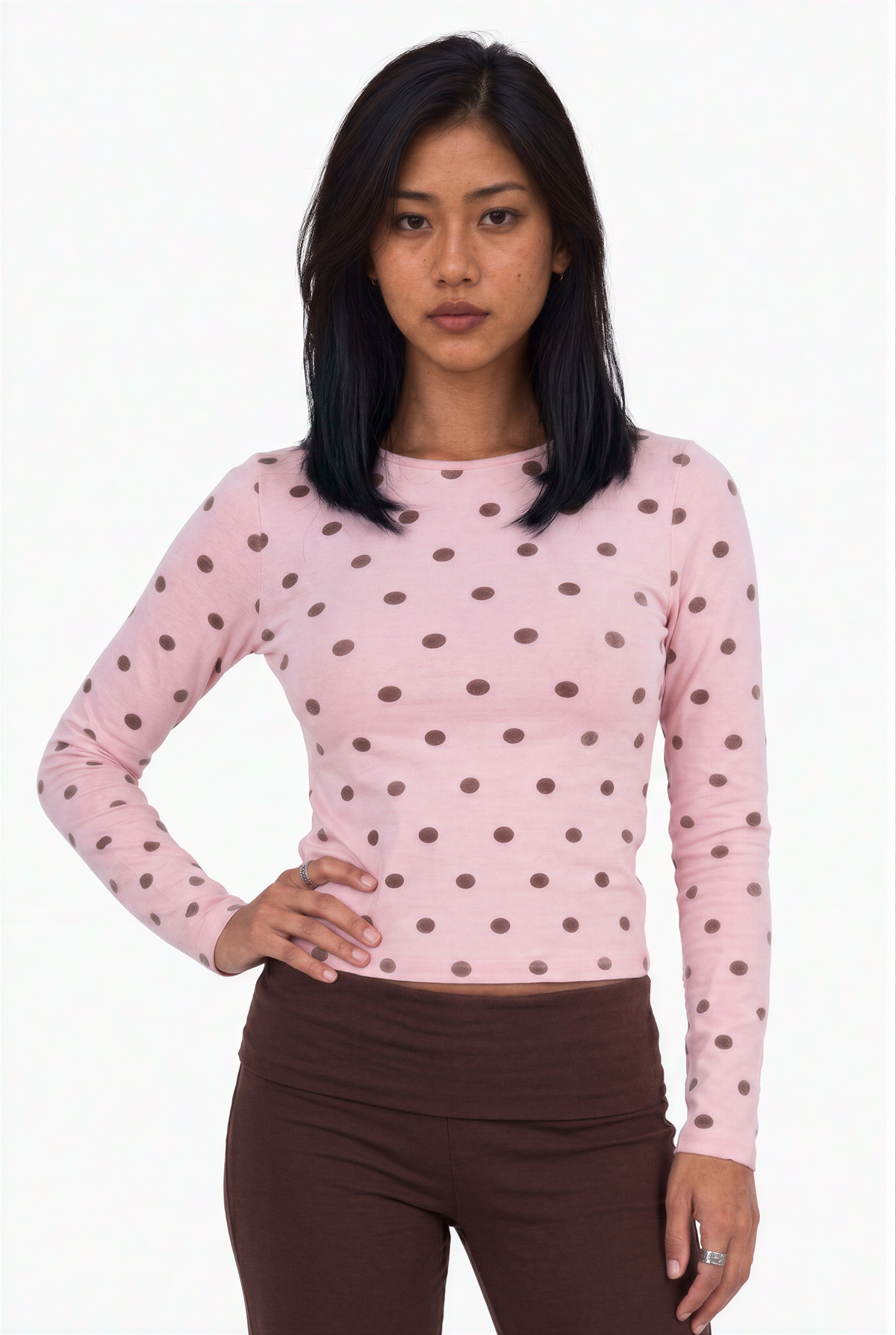 Polka Dot Print Crewneck Long Sleeve Top