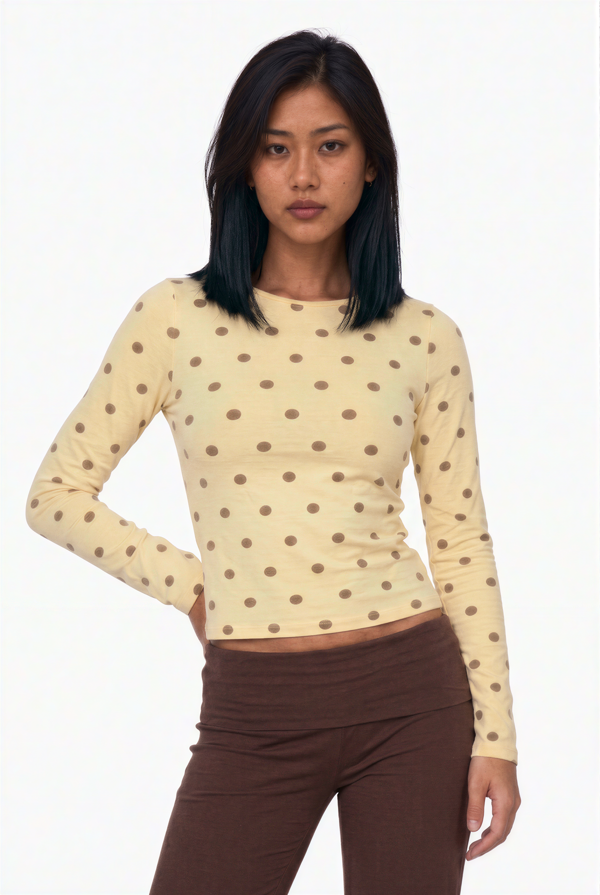 Polka Dot Print Crewneck Long Sleeve Top
