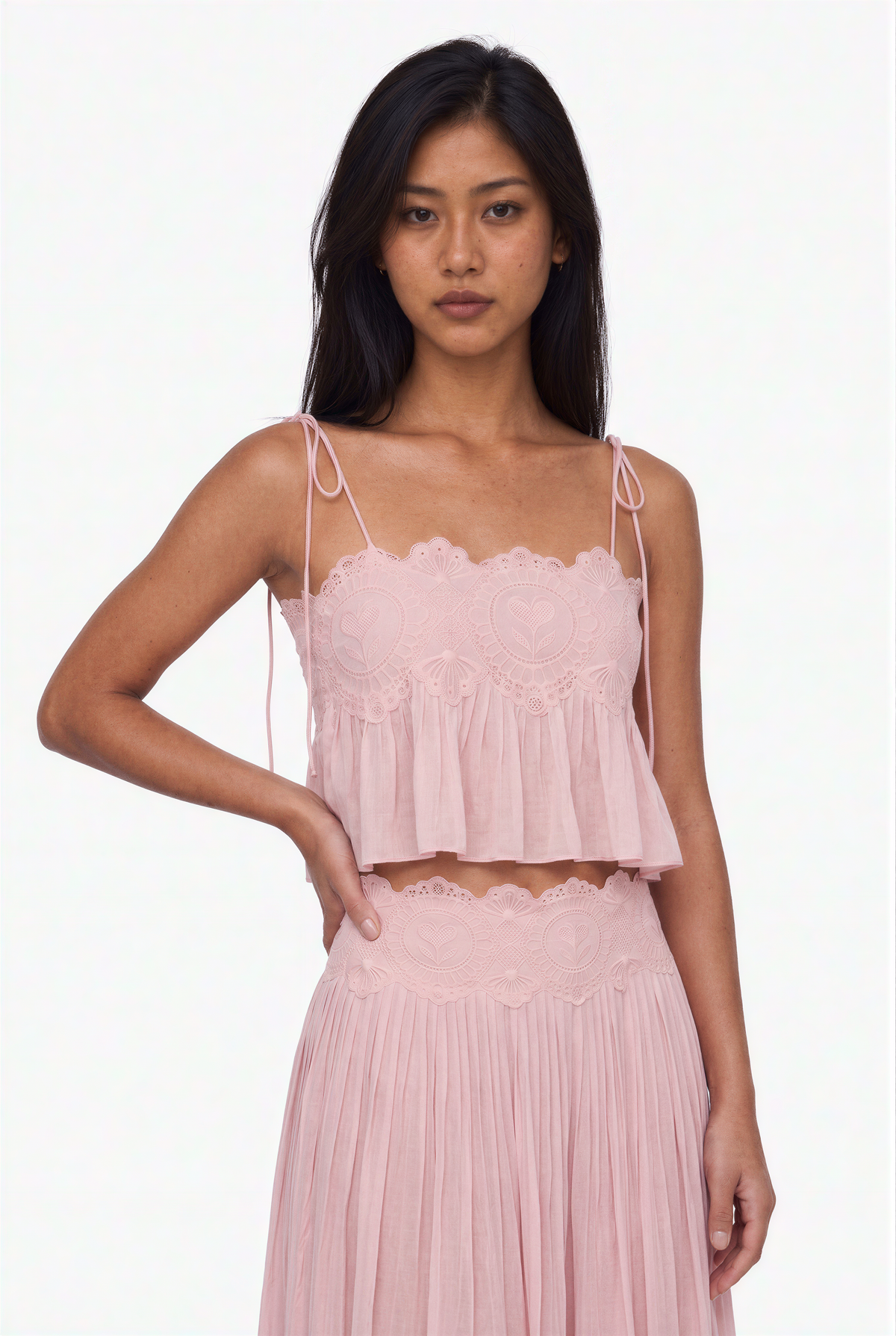 Pink Lace-Trimmed Crop Top and Pleated Harem Pants Set