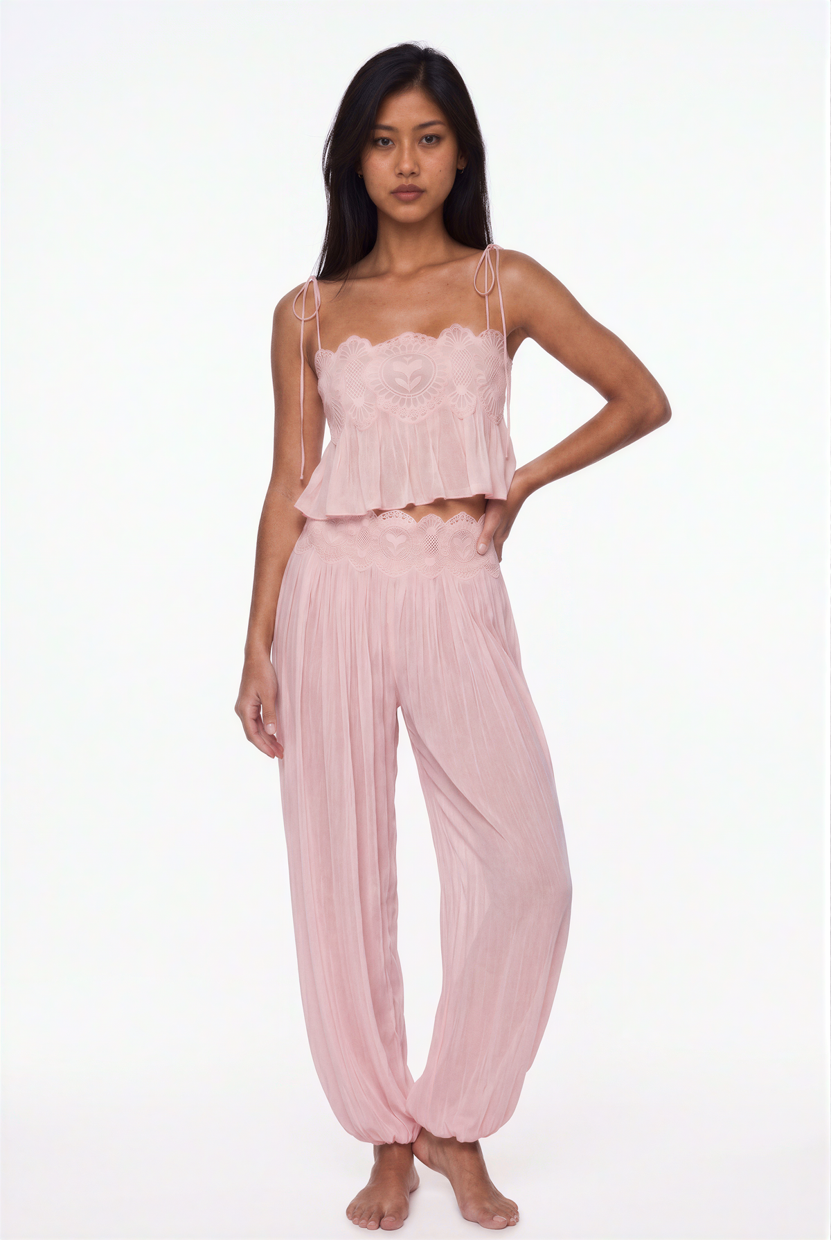 Pink Lace-Trimmed Crop Top and Pleated Harem Pants Set