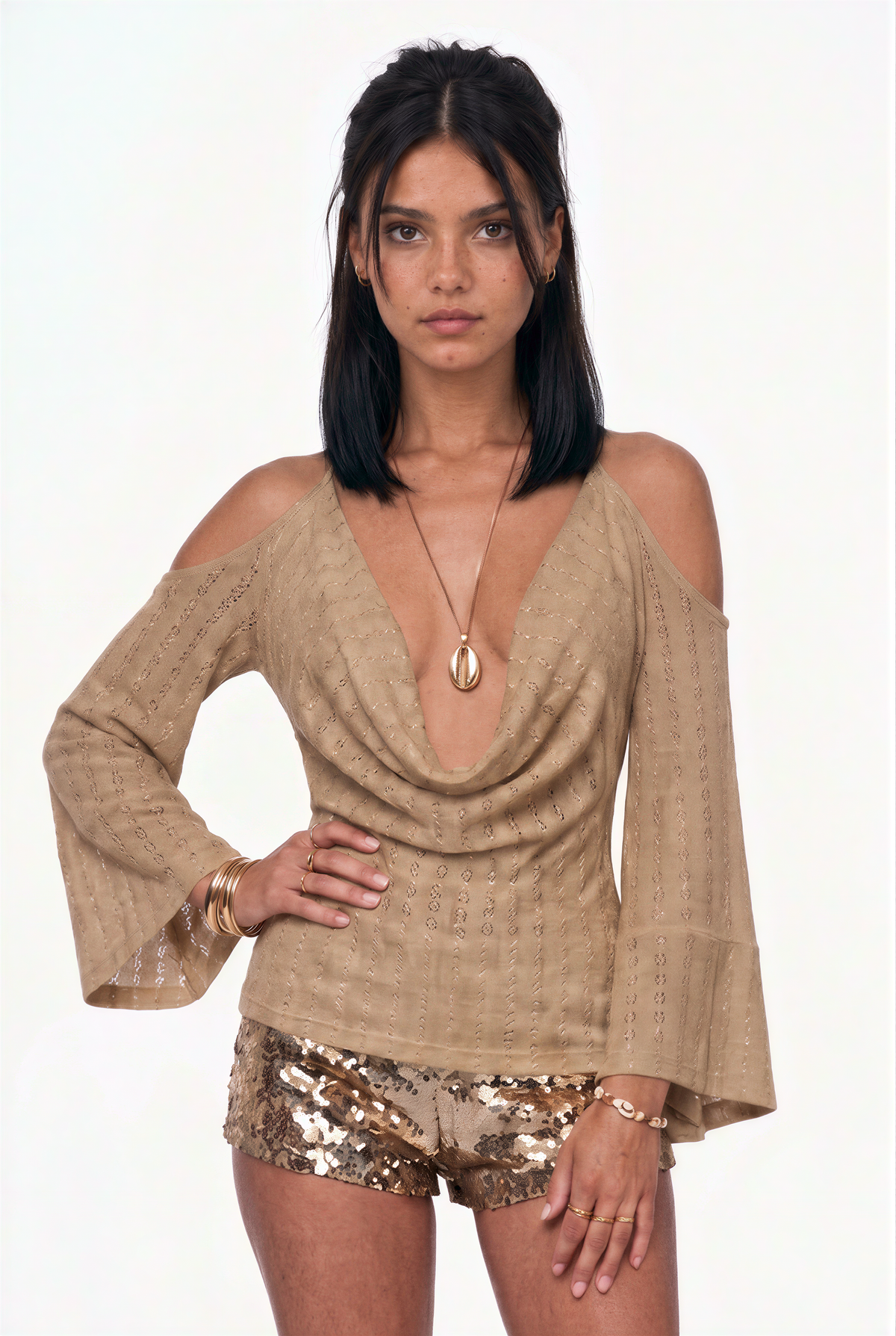 Textured Halter Neck Cold Shoulder Top with Bell Sleeves